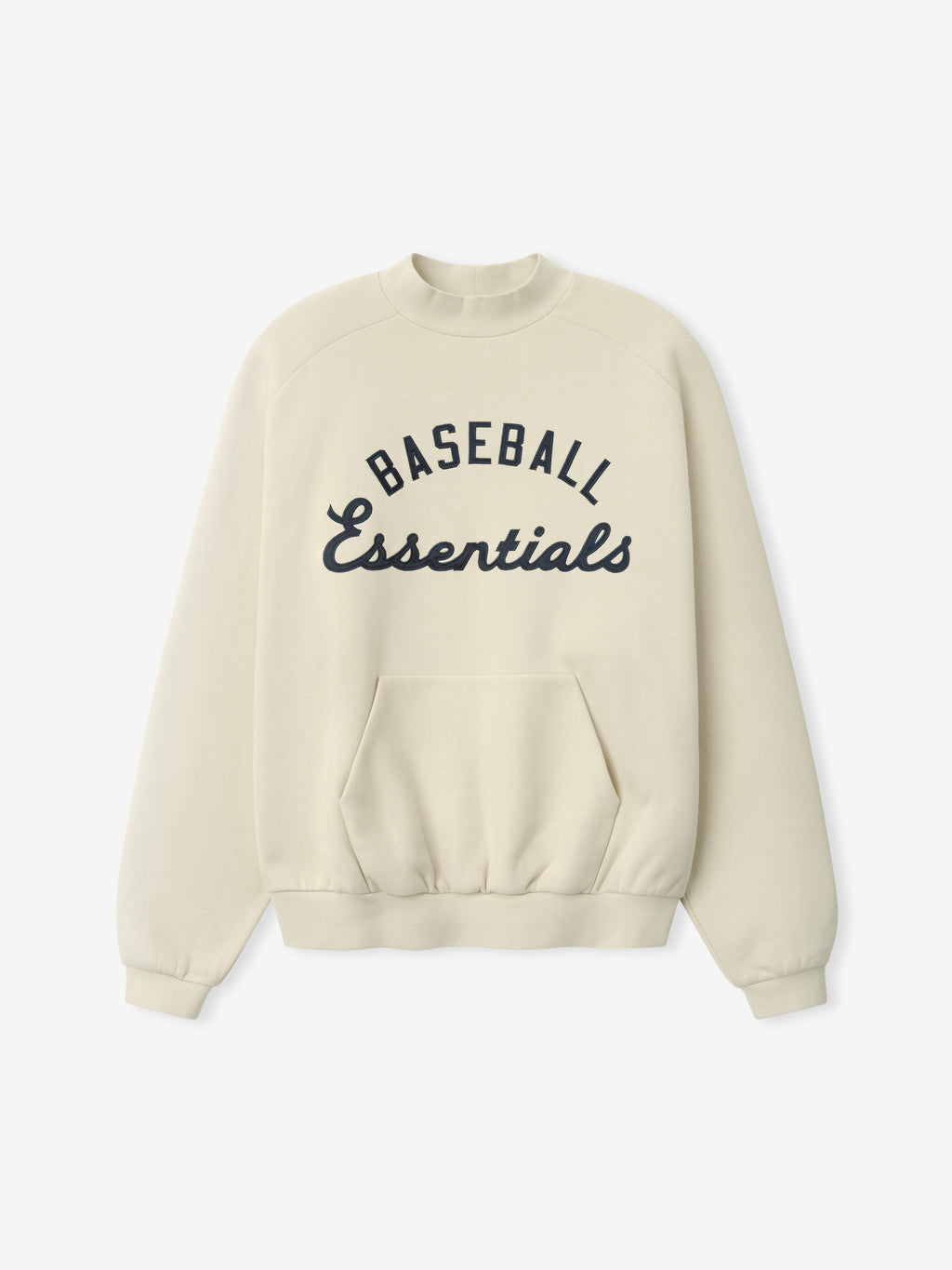 Cream-colored Mlb Sport Crewneck featuring navy blue "Baseball Essentials" text across the chest, ribbed cuffs and hem, and a front kangaroo pocket for casual comfort.