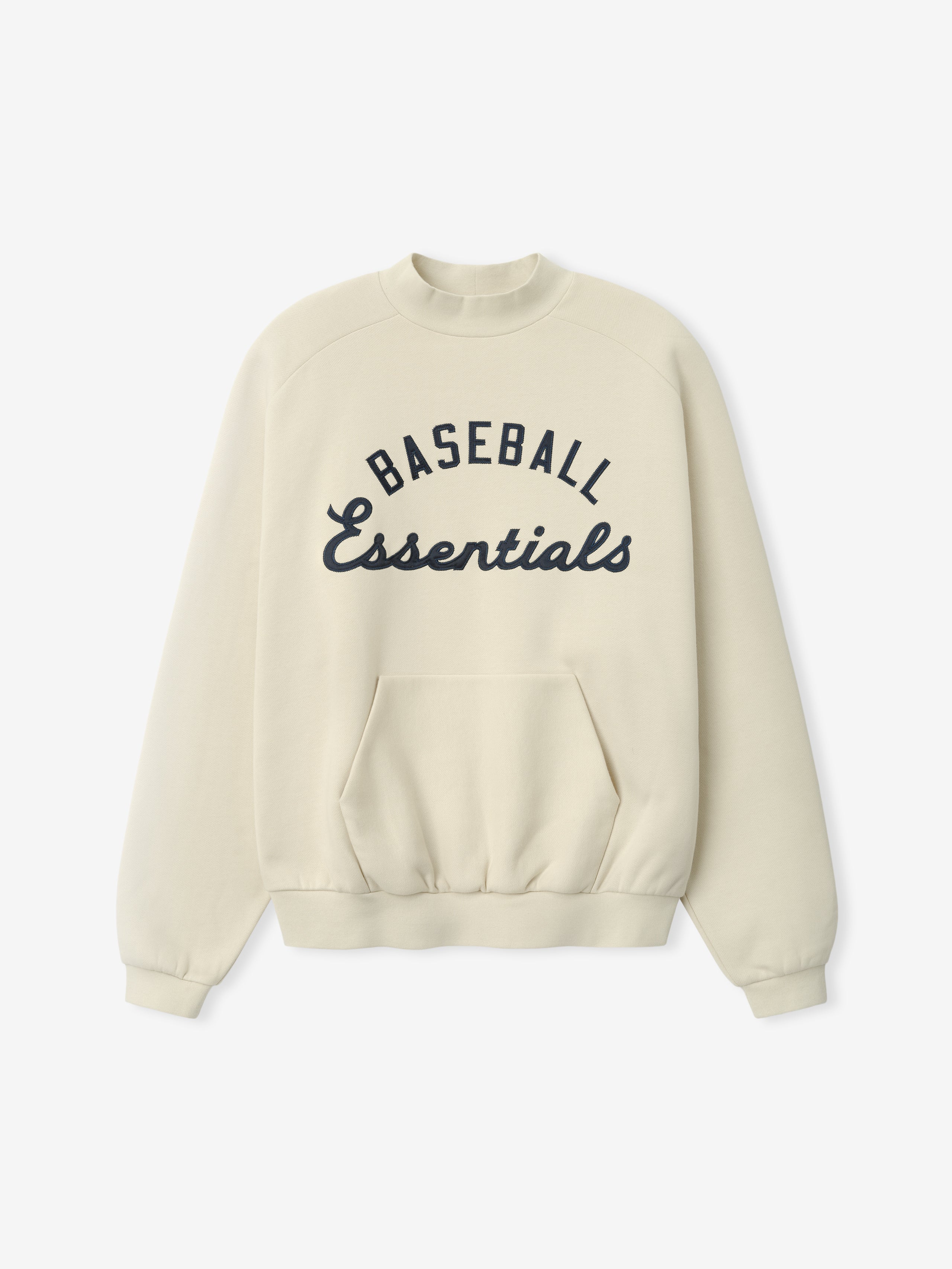 Cream-colored Mlb Sport Crewneck featuring navy blue "Baseball Essentials" text across the chest, ribbed cuffs and hem, and a front kangaroo pocket for casual comfort.