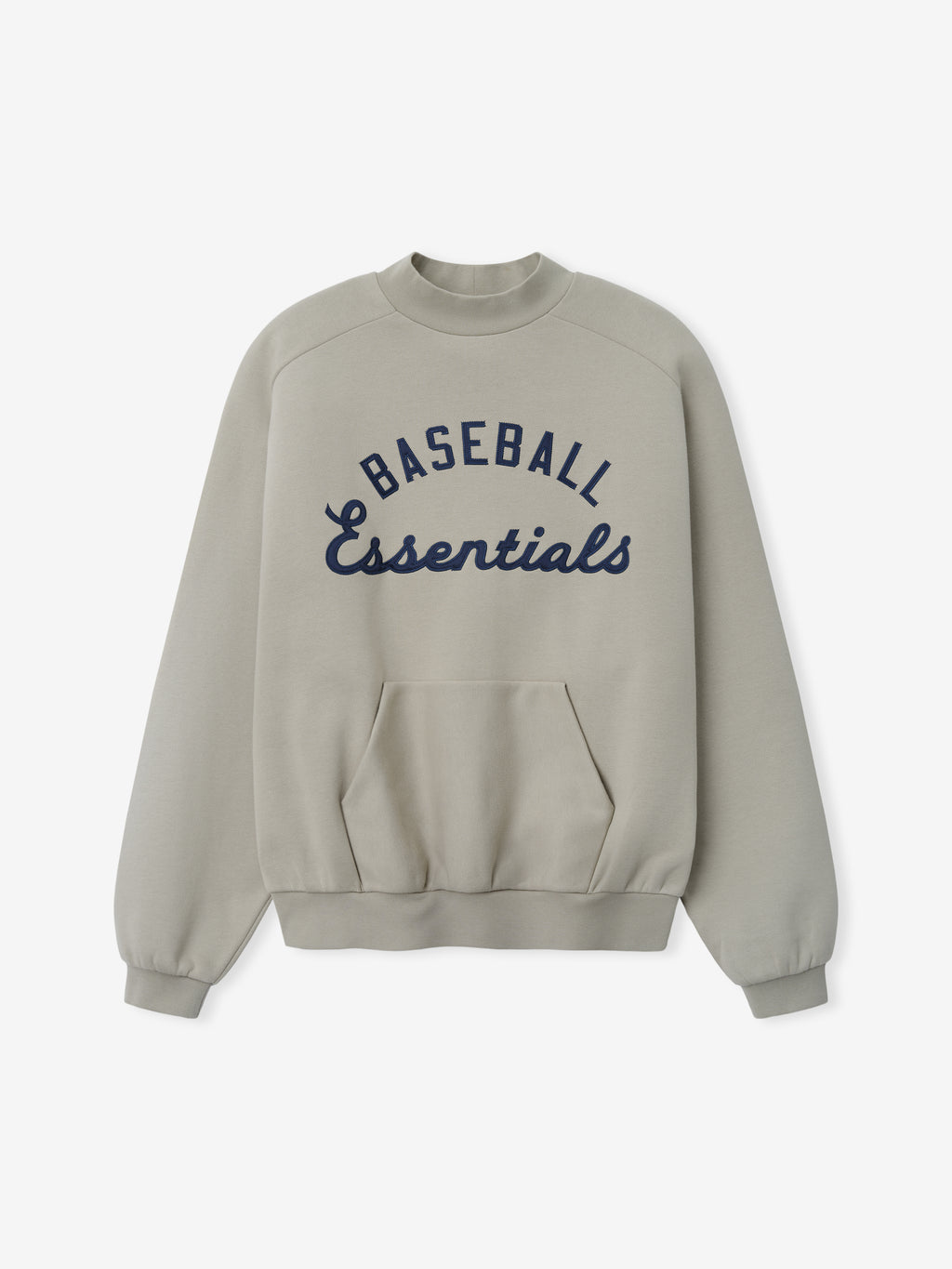 Mlb Sport Crewneck in a muted gray tone featuring navy blue "Baseball Essentials" script on the chest, ribbed cuffs and hem, and a front kangaroo pocket for comfortable casual wear.