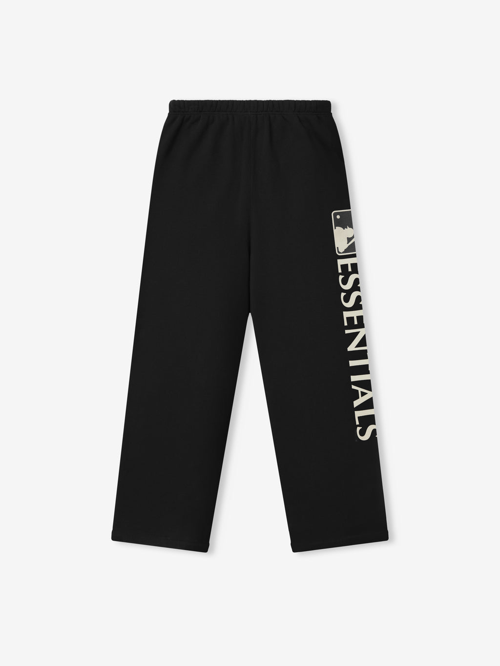Black MLB Lounge Sweatpant featuring a relaxed fit with an elastic waistband and vertical cream-colored lettering running down one leg, designed for comfortable casual bottoms.