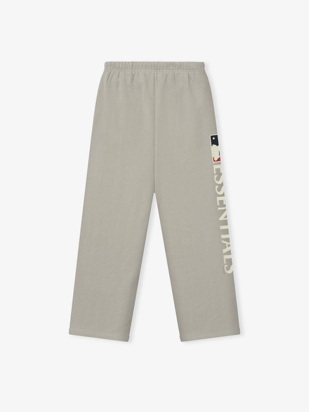 Mlb Lounge Sweatpant in muted beige with a relaxed fit, elastic waistband, and vertical bold "ESSENTIALS" text accompanied by a small logo graphic on the side leg.