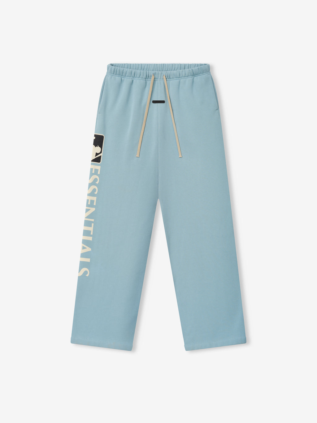 Light stone blue Mlb Lounge Sweatpant with a relaxed straight-leg silhouette, featuring an elastic waistband with beige drawstrings and contrasting vertical "ESSENTIALS" text and logo on the left leg.