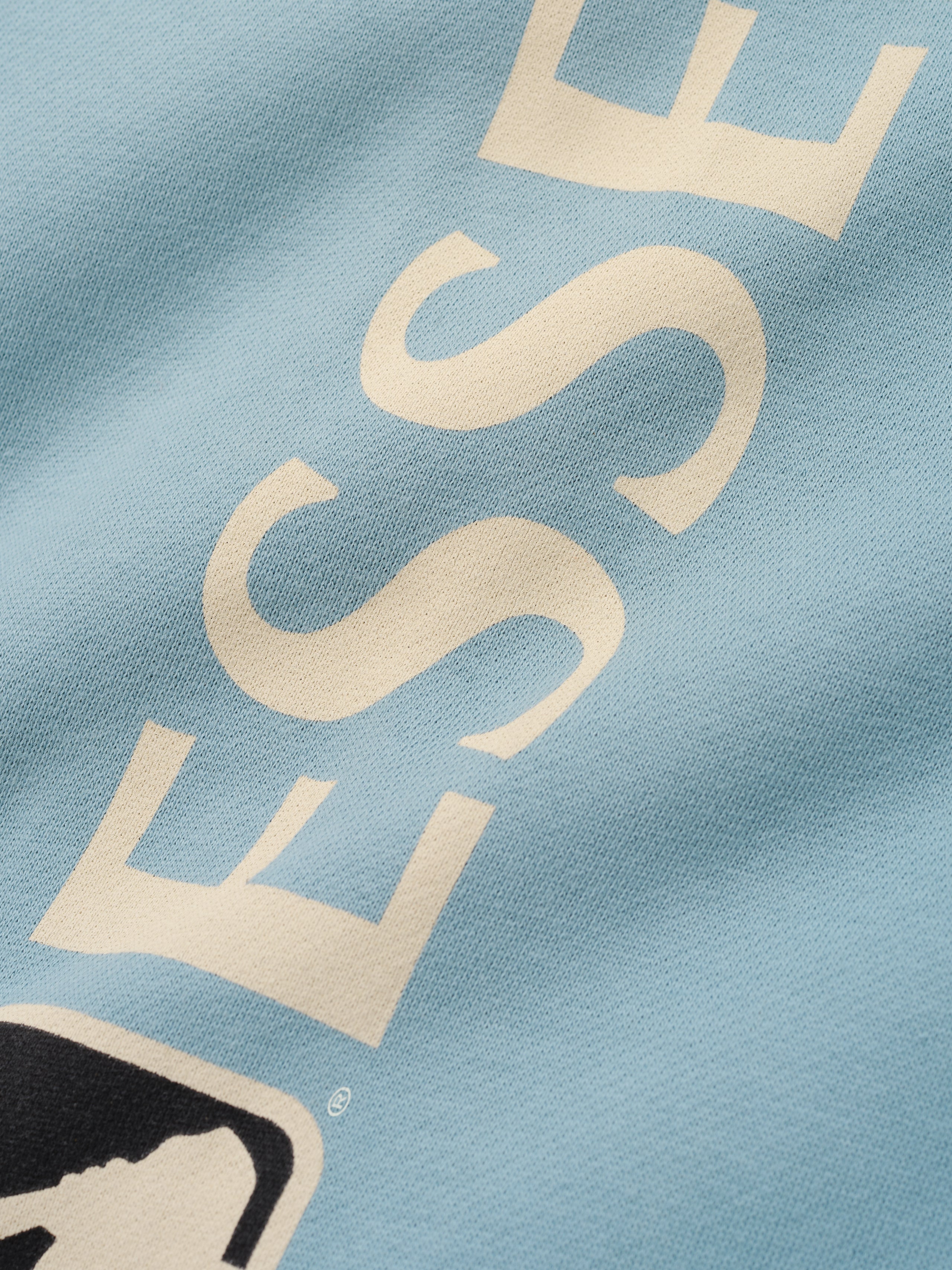 Mlb Lounge Sweatpant in muted stone blue fabric featuring a soft texture and cream-colored bold lettering with a partial logo detail on casual bottoms.