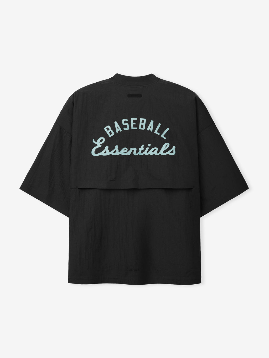 Back view of the Mlb 3/4 Sleeve Pullover in black showing a relaxed fit with wide sleeves and light blue "Baseball Essentials" text printed on lightweight fabric.