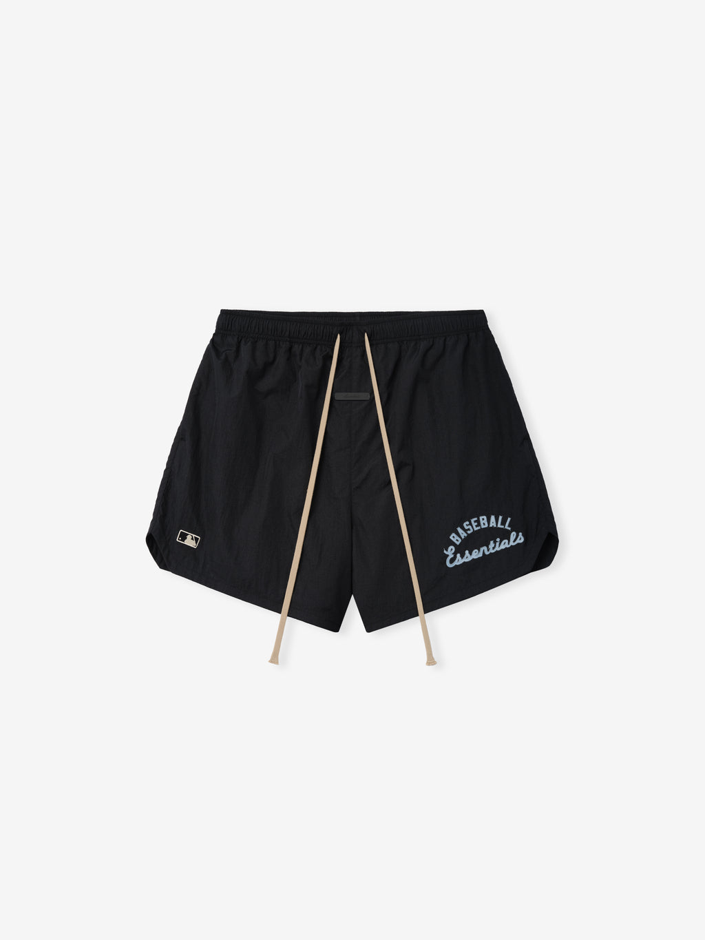 Black Mlb Gym Short with light beige drawstrings and light blue "Baseball Essentials" text printed on the front near the hem, featuring a small embroidered MLB logo near the bottom.