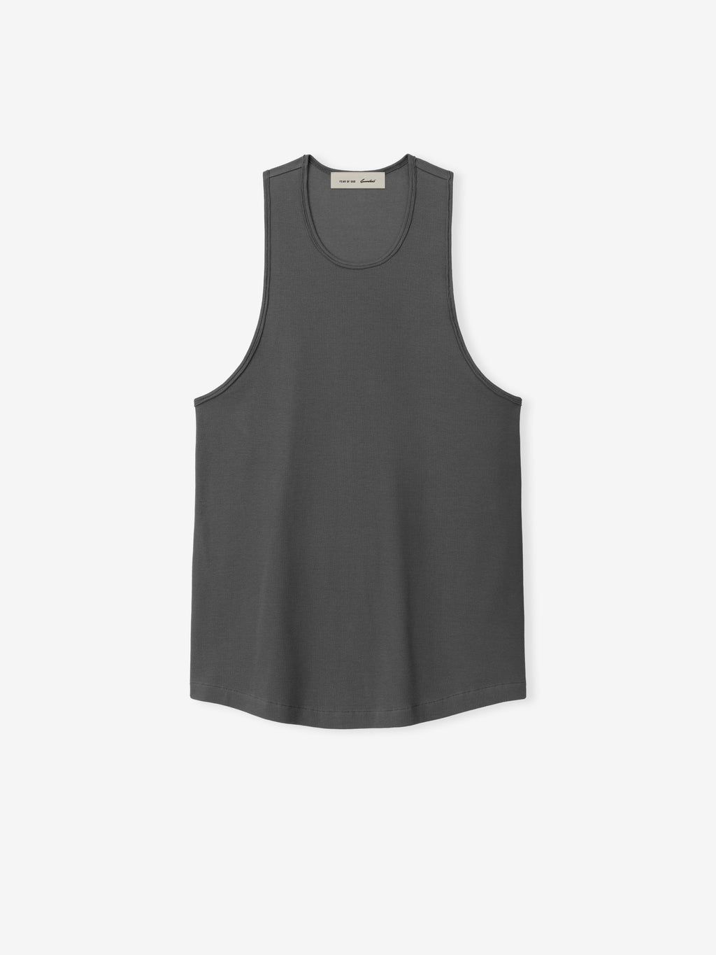 Ribbed Essential Tank in a muted iron grey tone, featuring a finely ribbed knit fabric with a classic sleeveless cut and rounded neckline for a versatile and comfortable layering piece.