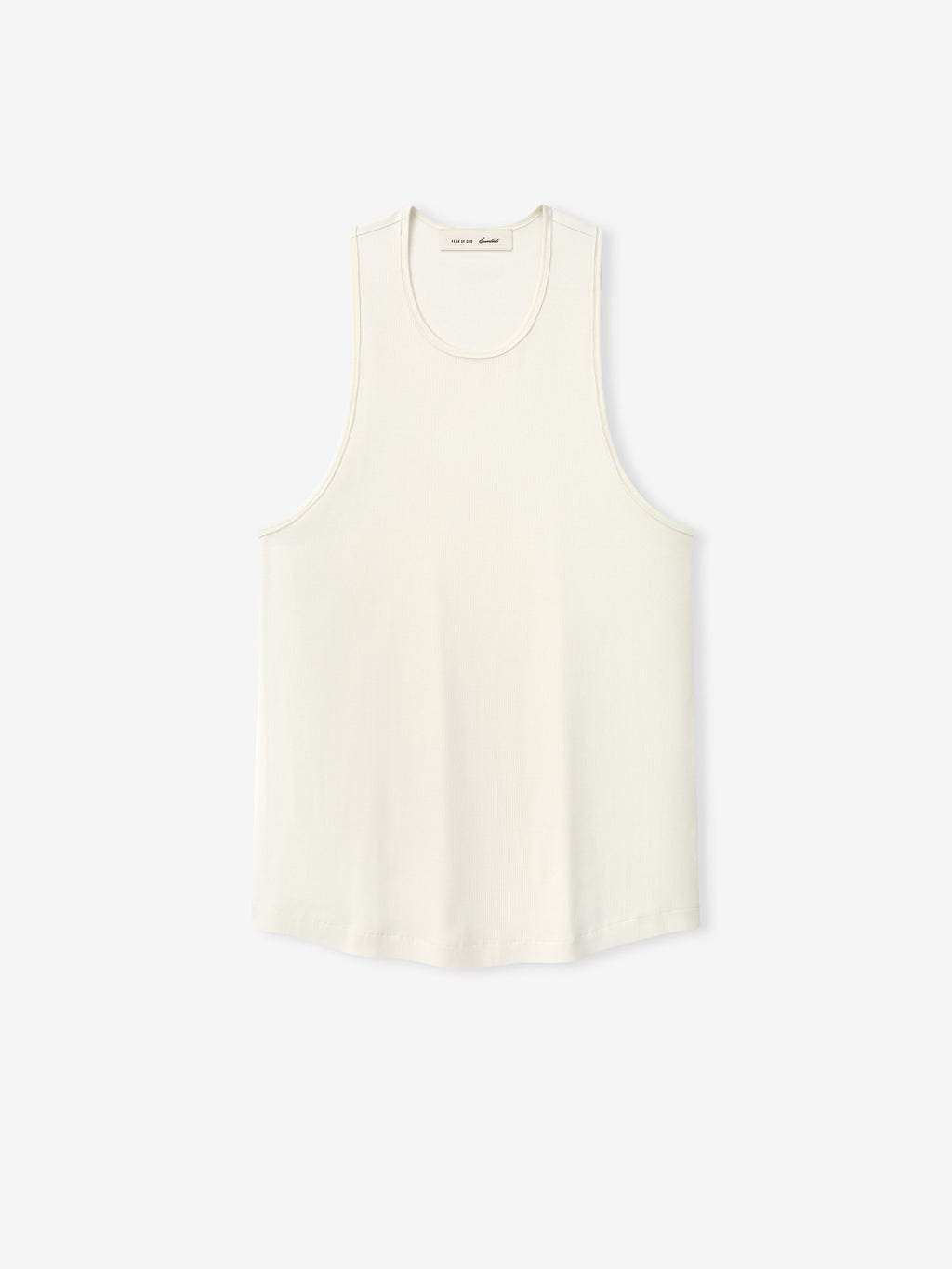 Ribbed Essential Tank in a soft ivory shade, crafted from smooth fabric with a relaxed fit and wide armholes for a clean, versatile layering top.