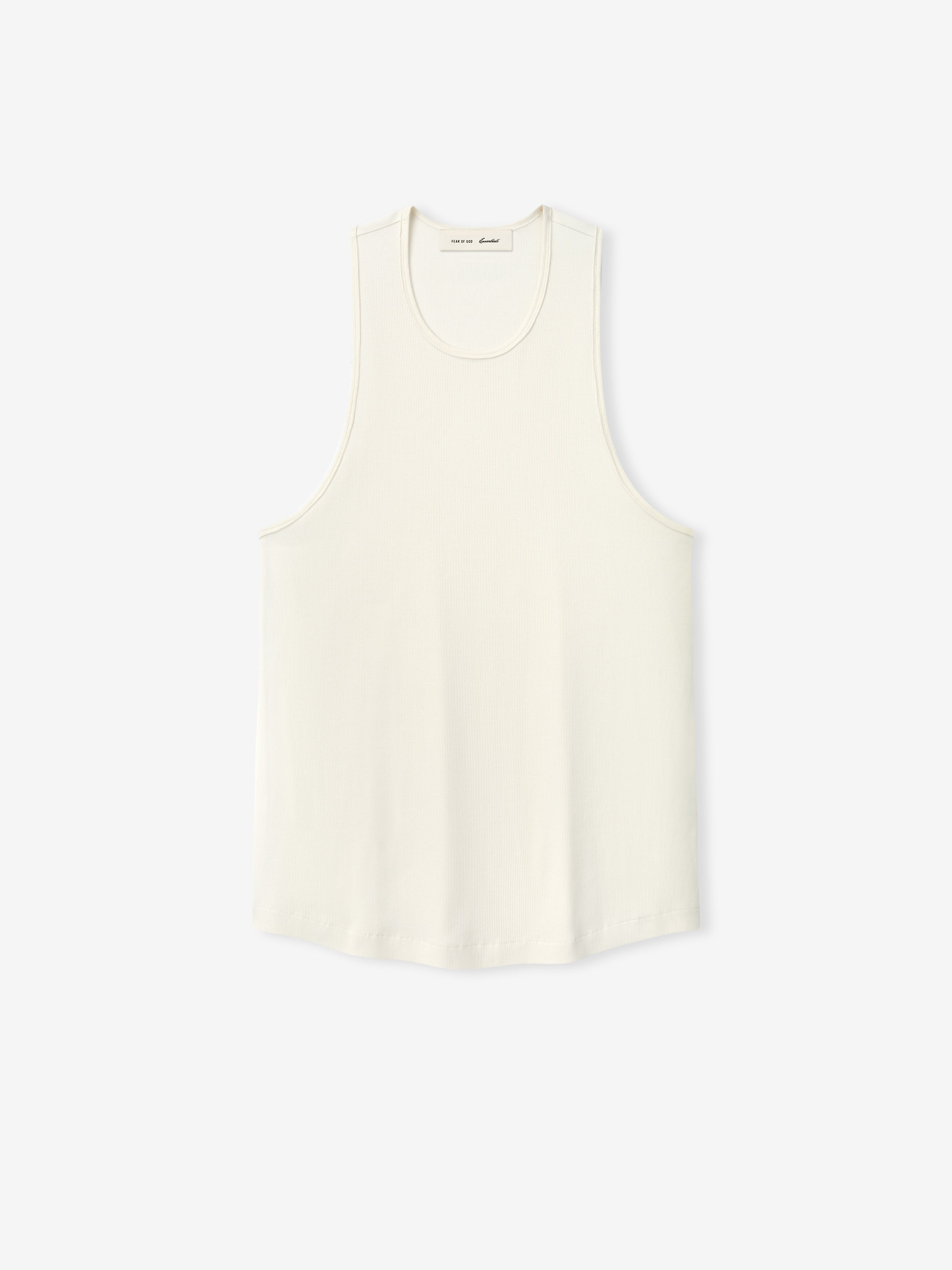 Ribbed Essential Tank in a soft ivory shade, crafted from smooth fabric with a relaxed fit and wide armholes for a clean, versatile layering top.