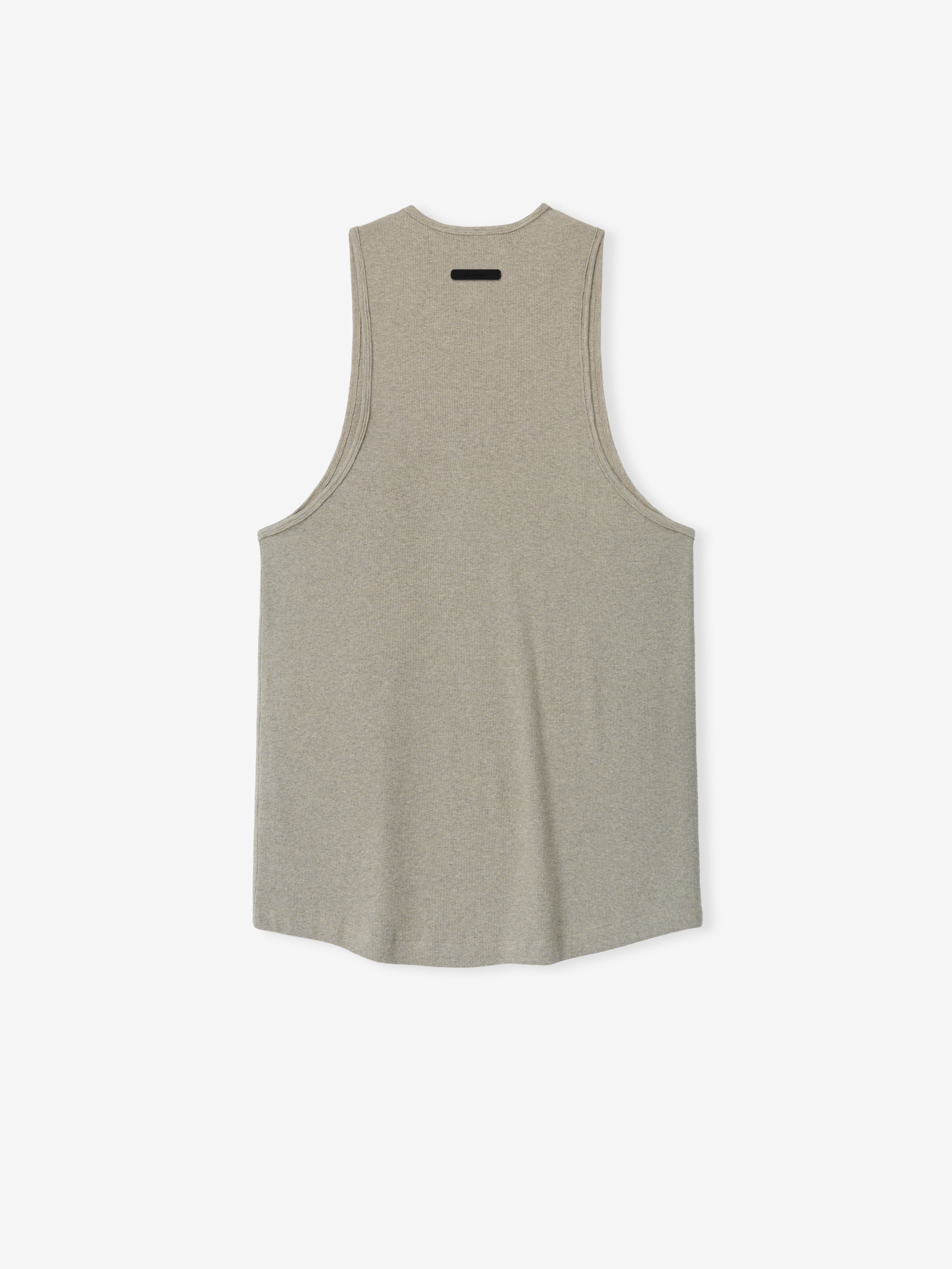 Ribbed Essential Tank in a soft heathered neutral tone, featuring a finely textured knit fabric with a relaxed silhouette and a racerback design for easy layering and casual wear.