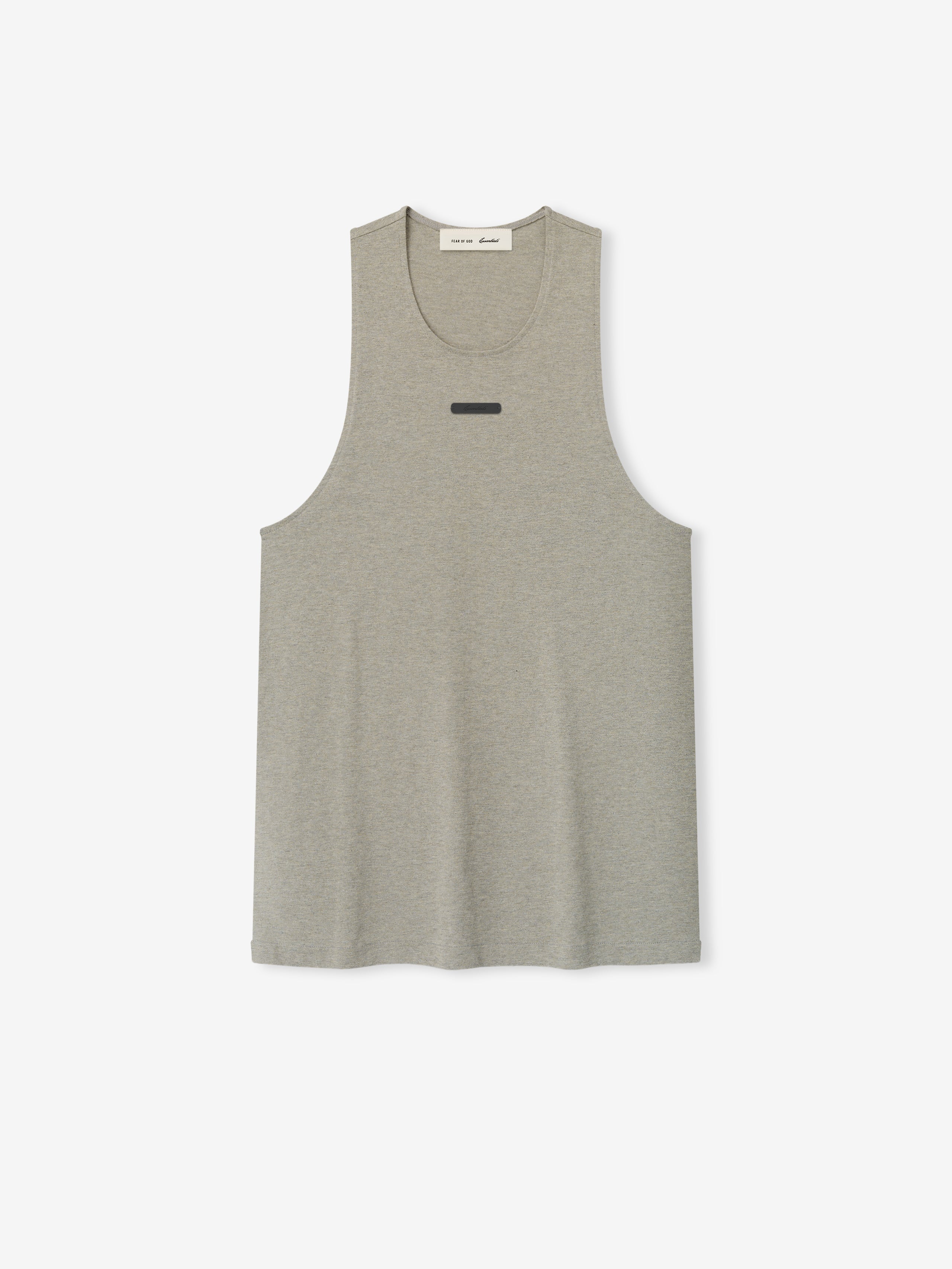 Essential Tank in a muted heathered taupe shade featuring a relaxed sleeveless cut, scoop neckline, and a subtle horizontal black logo patch for a casual, modern top.