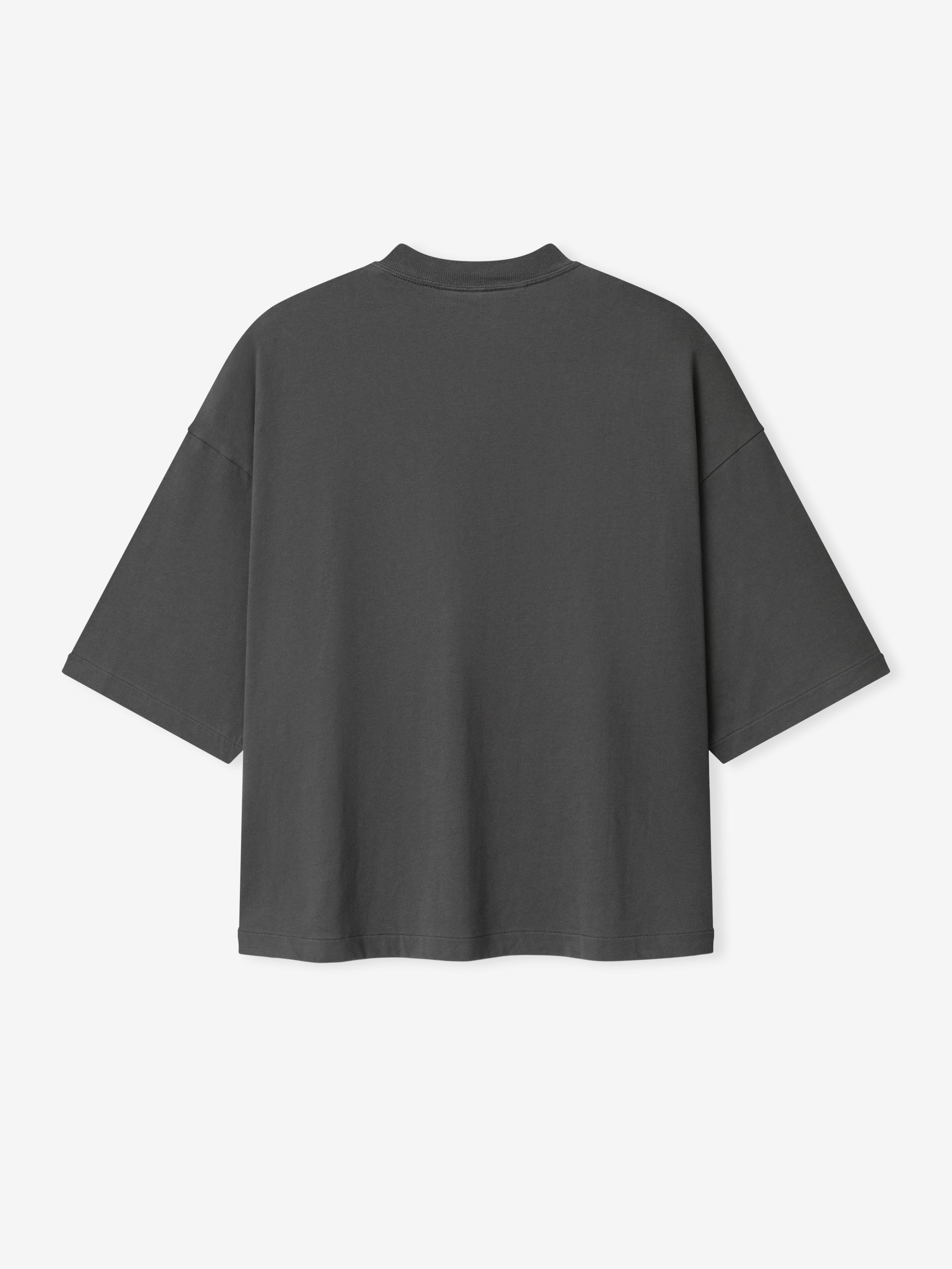 Merch Tee (Boxy) in iron grey featuring a relaxed boxy silhouette with dropped shoulders and a clean back design for a minimalist and contemporary casual top.