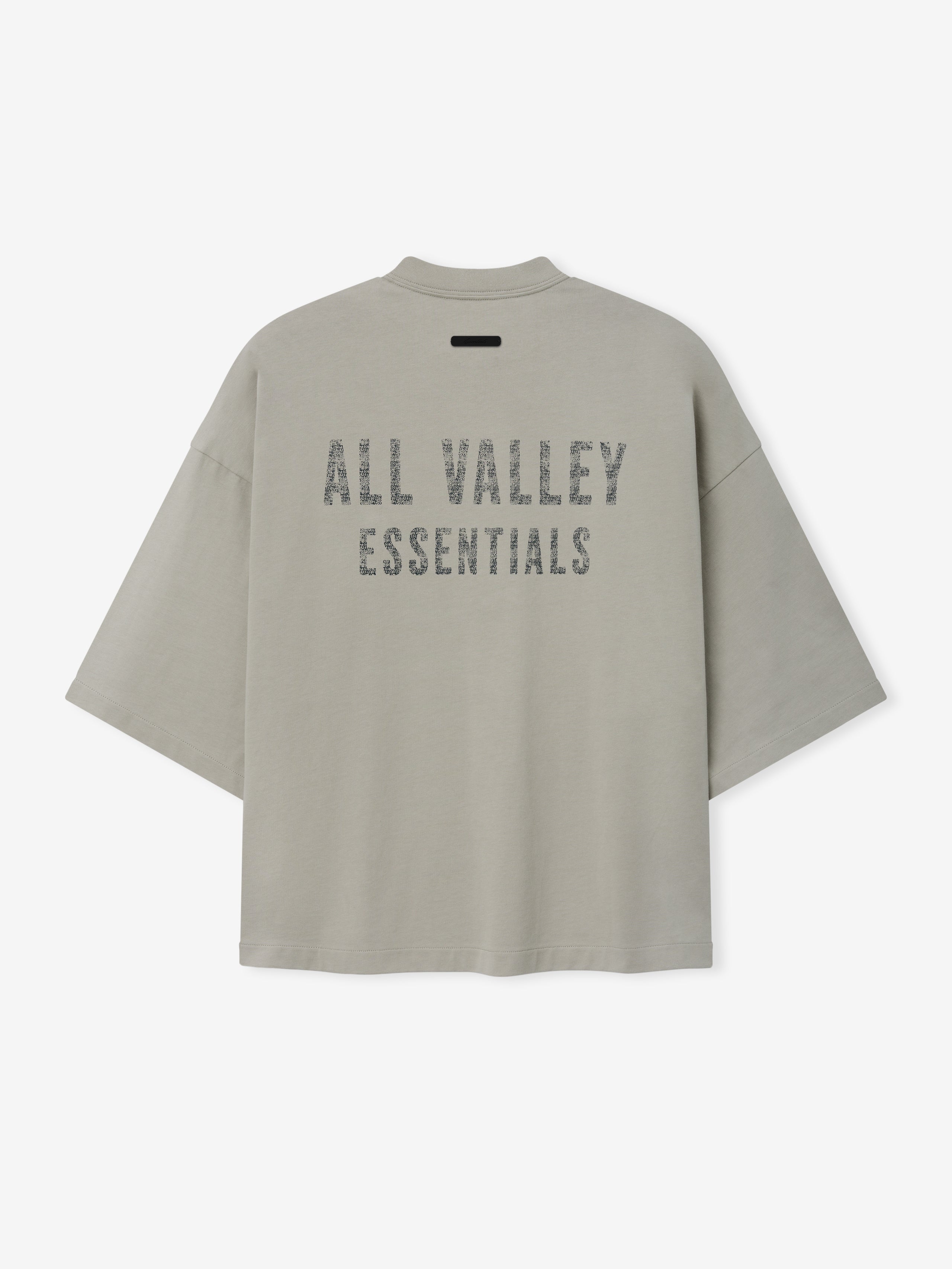 Merch Tee (Boxy) in muted seal grey with a relaxed oversized fit, featuring dropped shoulders and bold distressed all valley essentials text printed across the back for a casual streetwear look.
