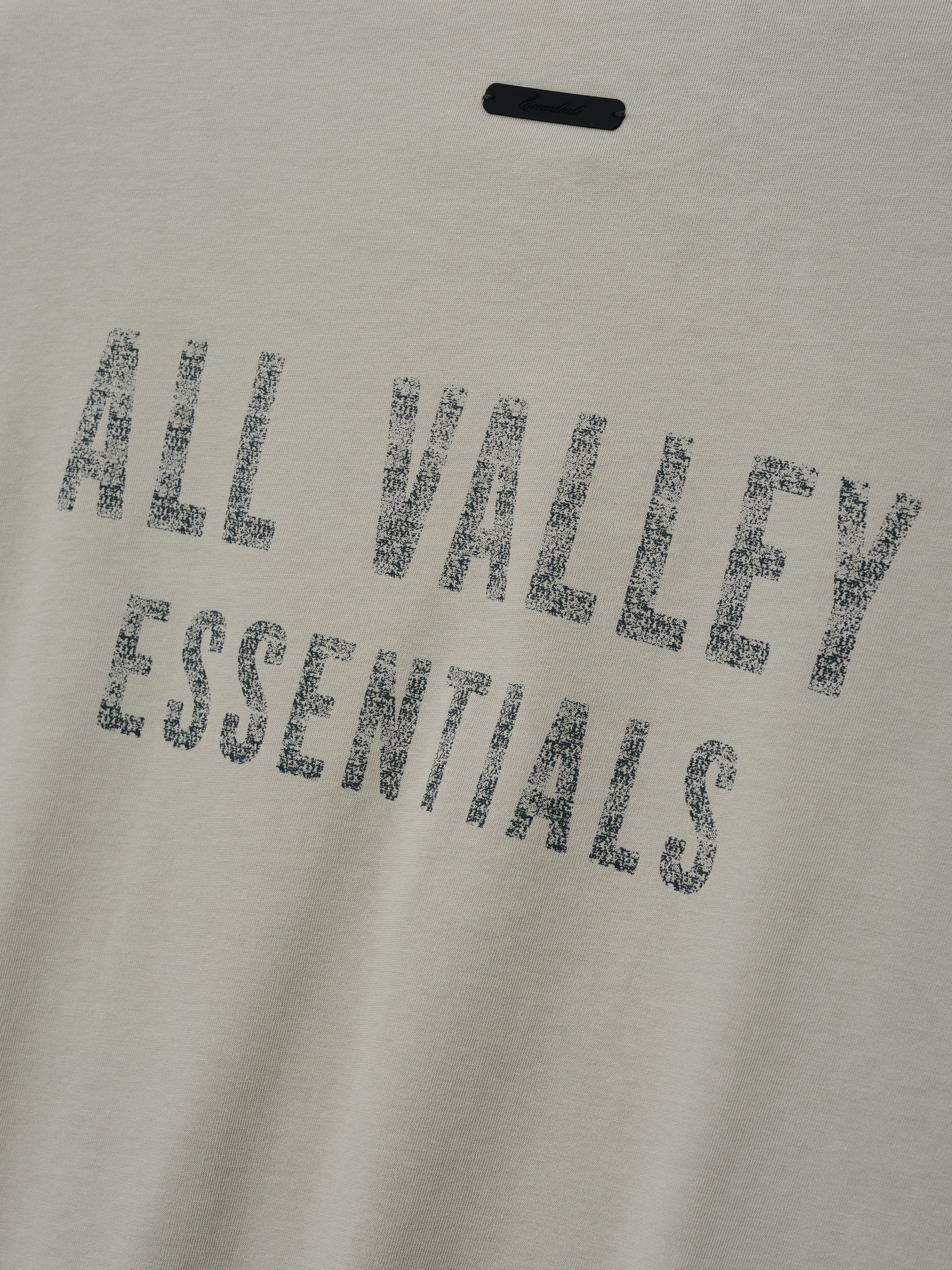 Merch Tee (Boxy) in a soft light beige tone with a relaxed fit, featuring distressed black "All Valley Essentials" text printed across the front for a laid-back urban style.