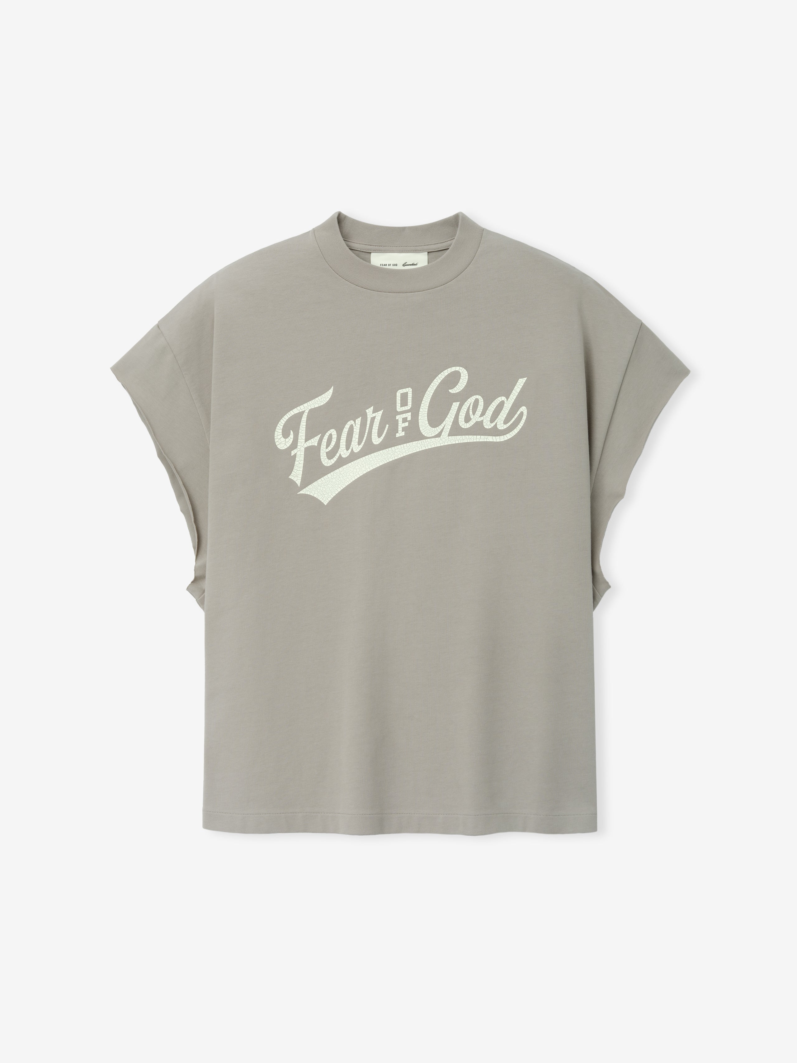 Cut Off 90'S Tee in a muted taupe shade featuring a vintage-style off-white Fear of God script across the chest with dropped, cuffed short sleeves for a laid-back streetwear look.