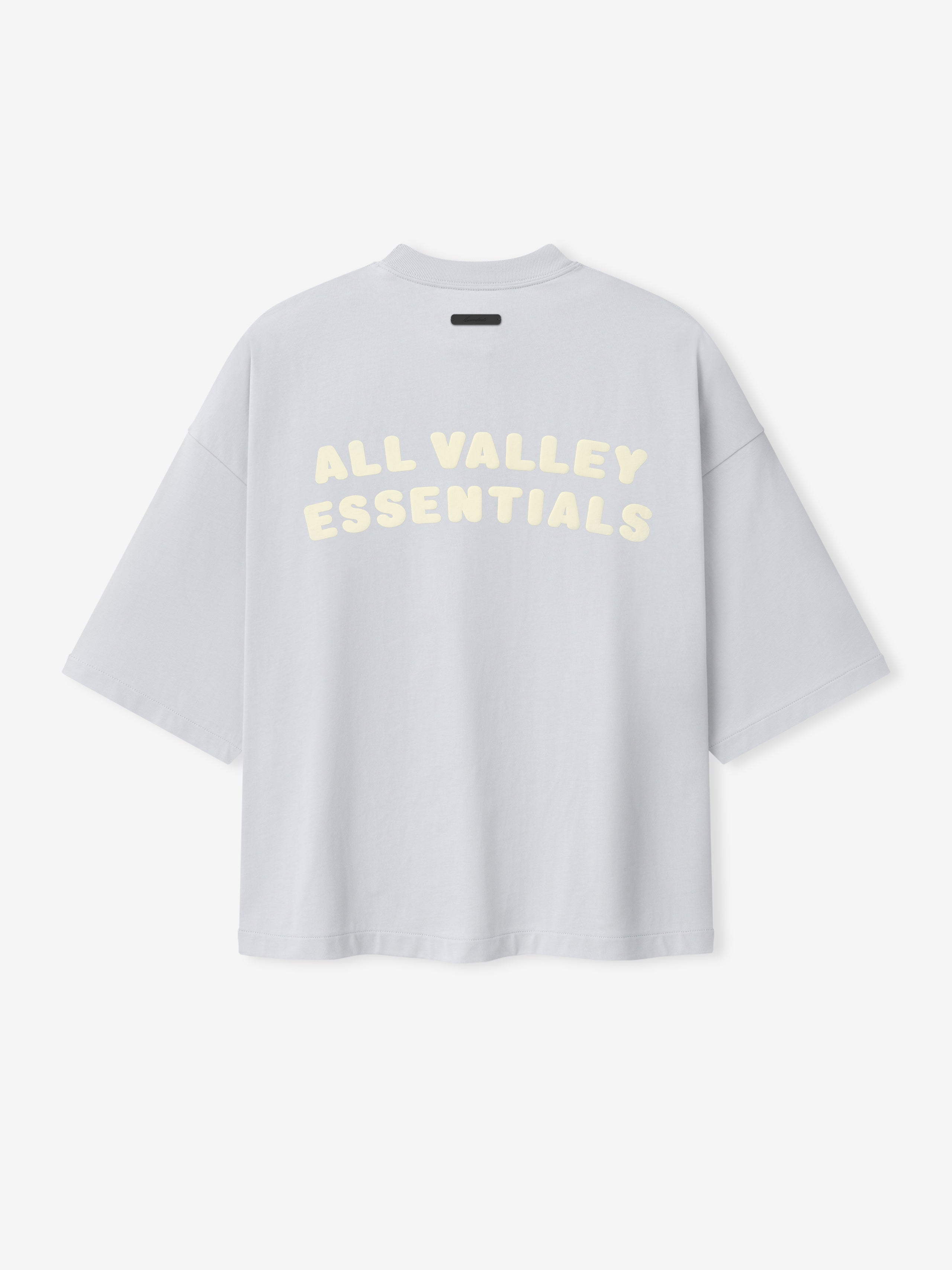 Merch Tee in a soft light blue shade with a relaxed oversized fit and dropped shoulders, featuring bold cream "All Valley Essentials" text printed across the back for a casual streetwear style.