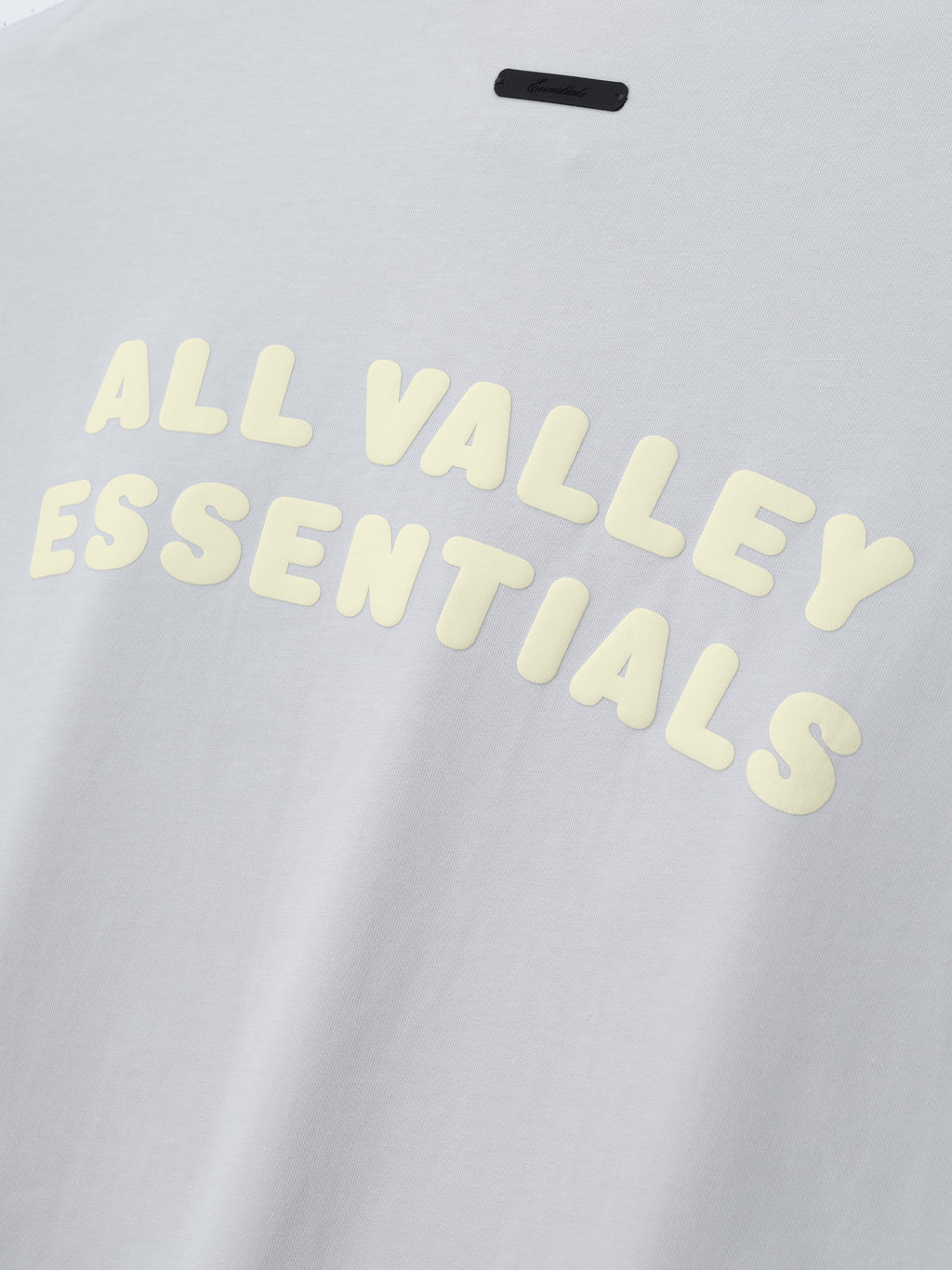 Merch Tee in a light muted tone featuring large rounded cream lettering reading "All Valley Essentials" printed across the chest for a clean, modern casual top.