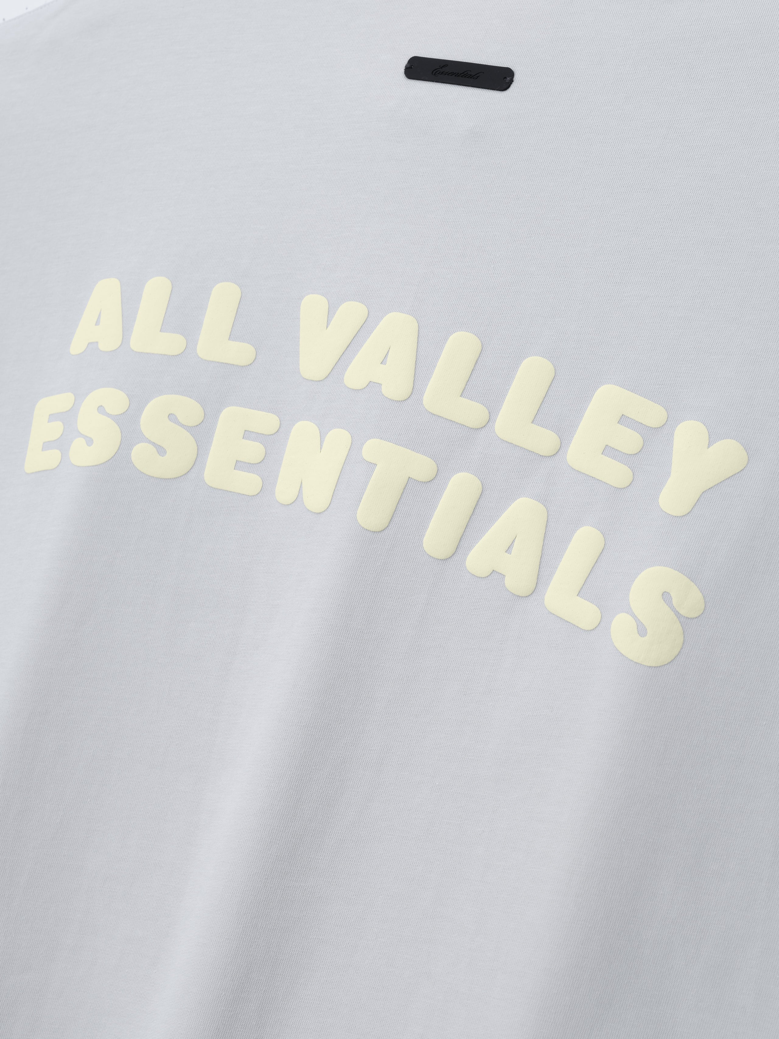 Merch Tee in a light muted tone featuring large rounded cream lettering reading "All Valley Essentials" printed across the chest for a clean, modern casual top.