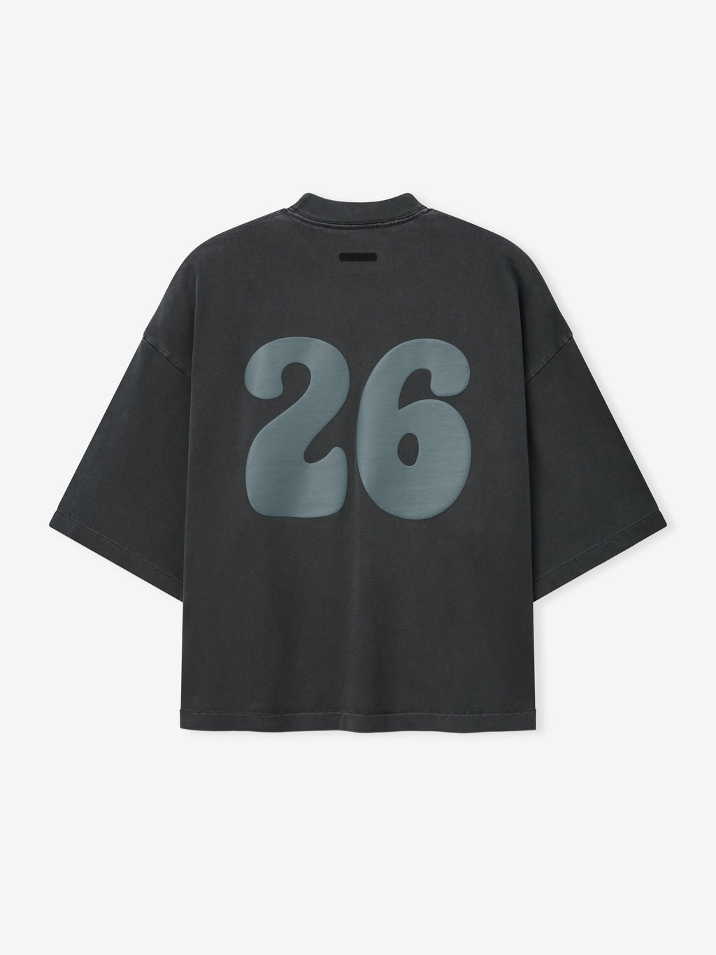 Heavy Jersey Merch Tee in a washed dark grey shade with an oversized fit and dropped shoulders, featuring large blue number 26 printed on the back for a vintage-inspired casual top.