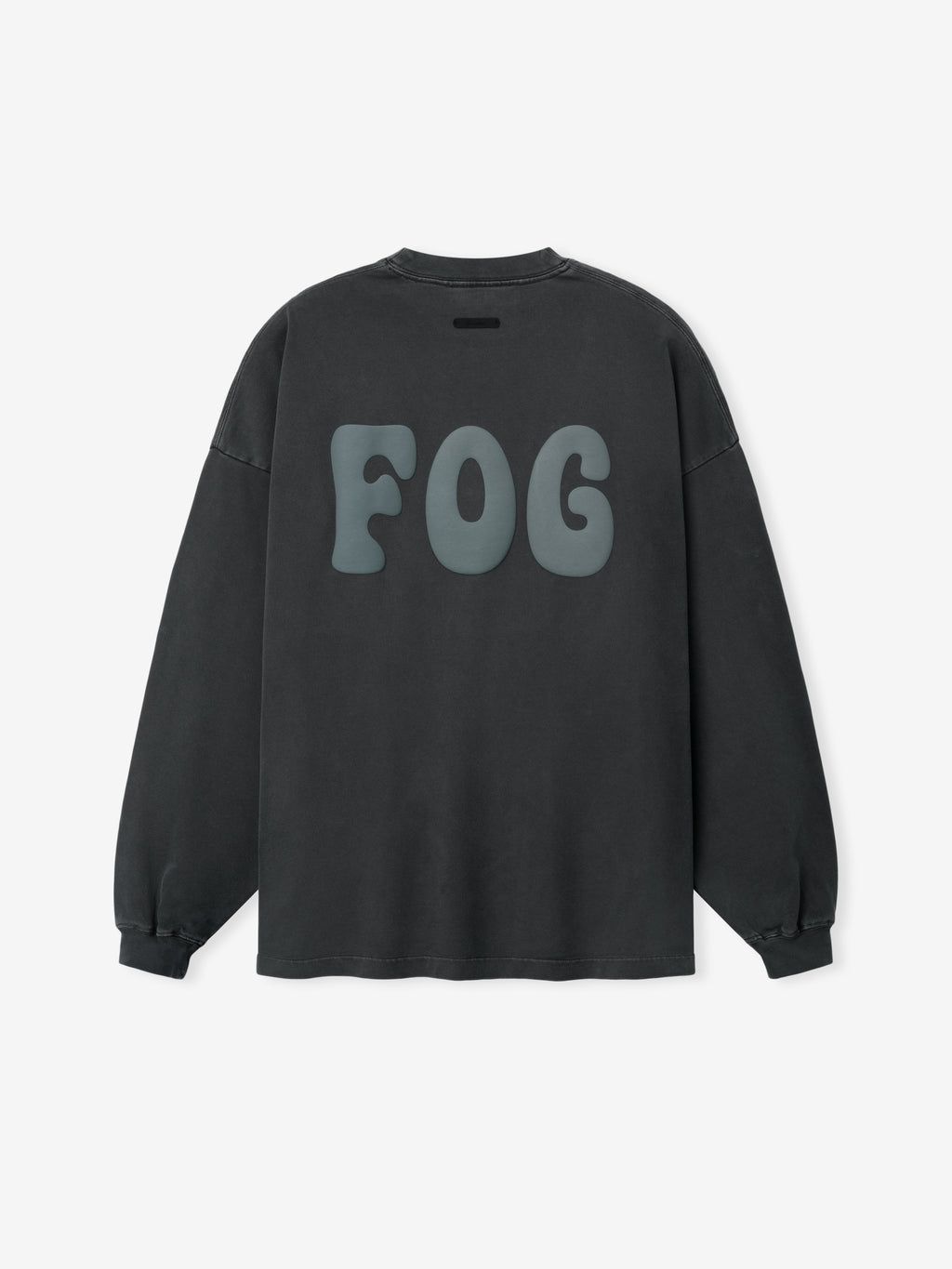 Heavy Jersey Merch Long Sleeve Tee in a washed dark grey tone with relaxed fit, featuring large soft blue "FOG" graphic lettering on the back for a bold streetwear style.
