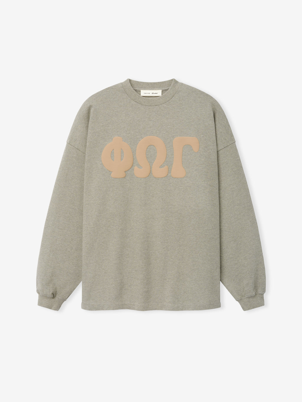 Heavy Jersey Merch Long Sleeve Tee in a muted grey-green tone featuring bold beige Greek letters across the chest, designed with a relaxed fit and classic crew neckline.