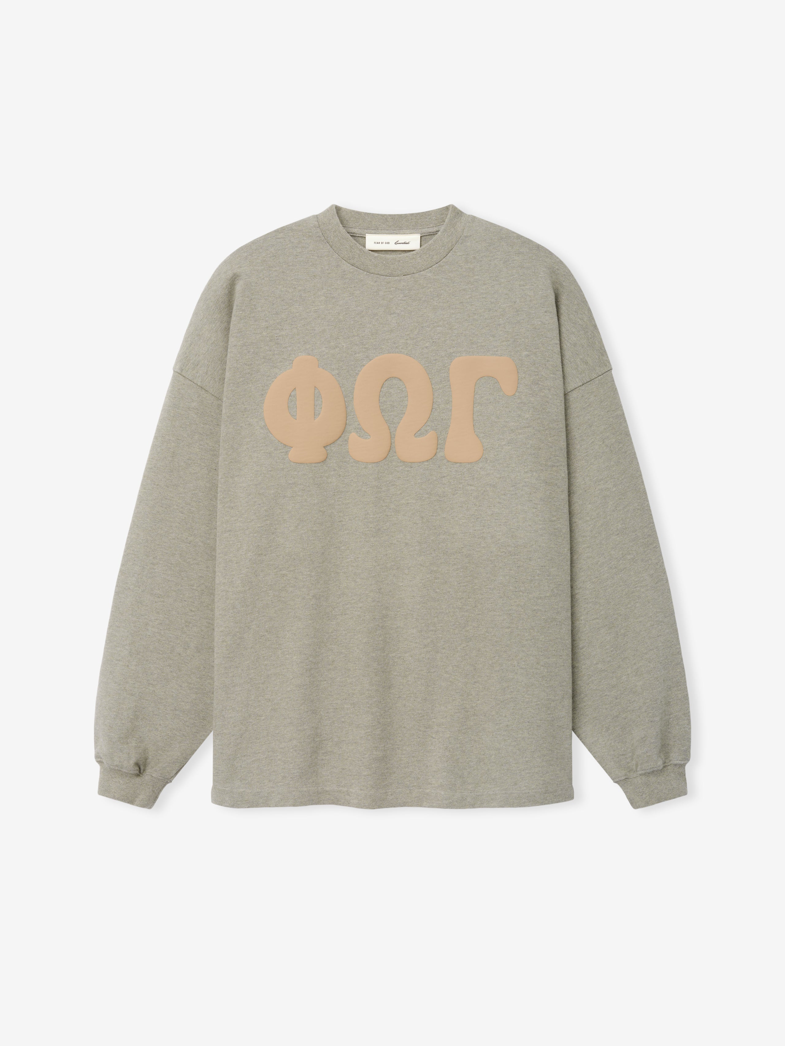Heavy Jersey Merch Long Sleeve Tee in a muted grey-green tone featuring bold beige Greek letters across the chest, designed with a relaxed fit and classic crew neckline.