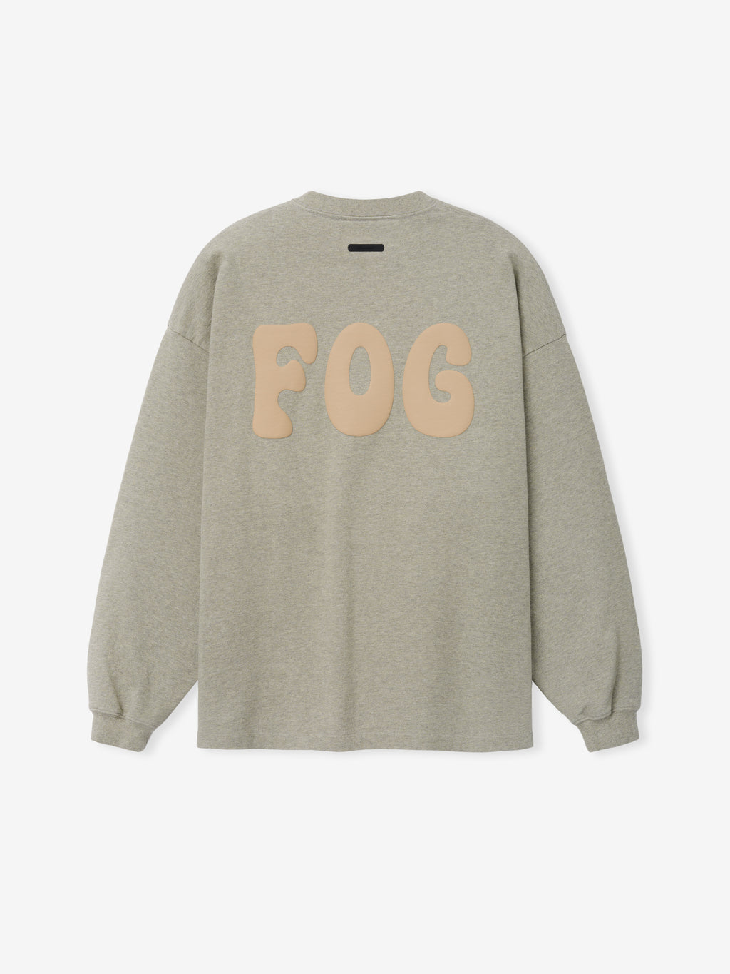 Heavy Jersey Merch Long Sleeve Tee in a washed seal heather shade featuring oversized beige "FOG" letters across the back, designed with a relaxed fit and ribbed cuffs.