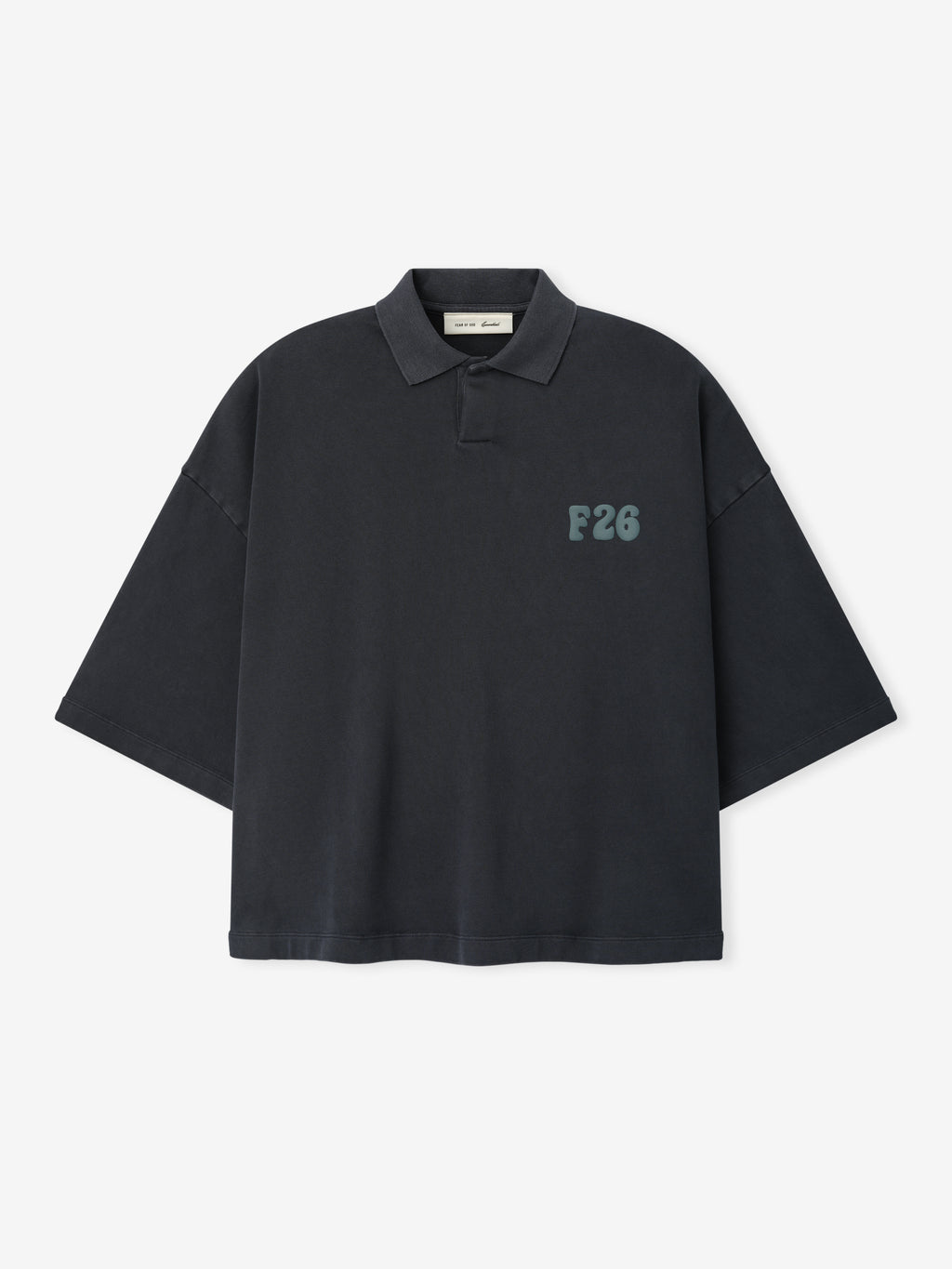 Heavy Jersey Cropped Polo in a washed iron grey tone, featuring a relaxed fit, short sleeves, classic collar, and subtle “F26” print on the chest for casual tops.