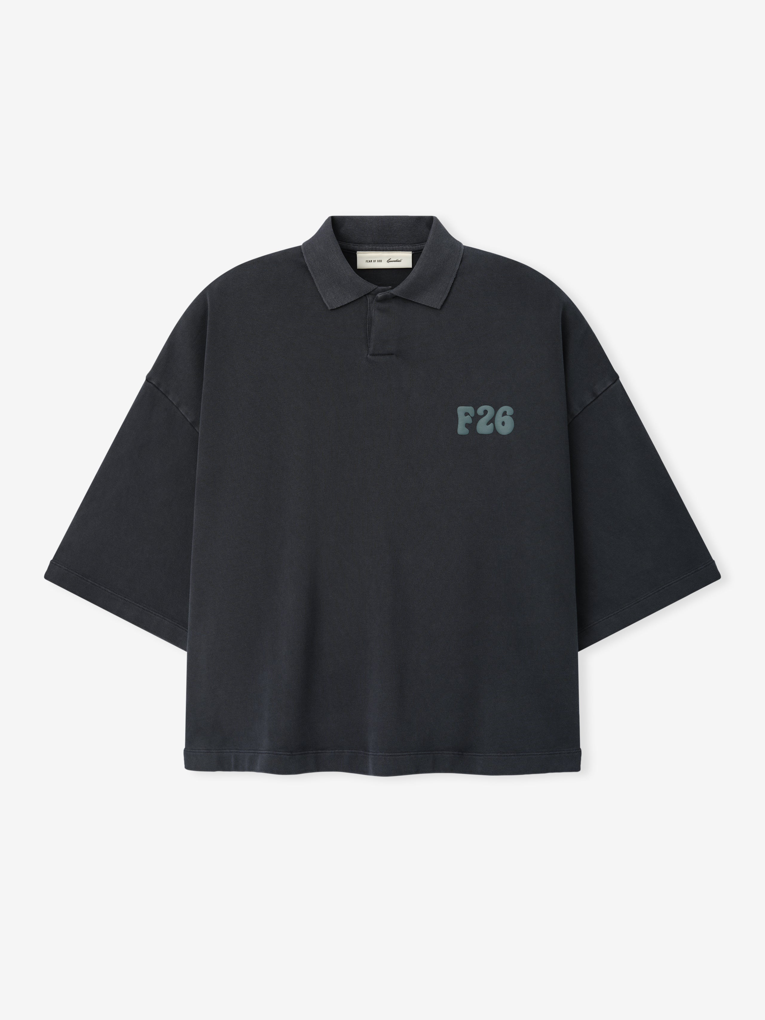 Heavy Jersey Cropped Polo in a washed iron grey tone, featuring a relaxed fit, short sleeves, classic collar, and subtle “F26” print on the chest for casual tops.