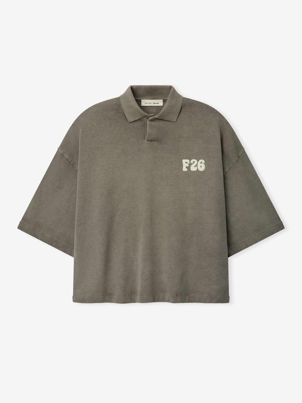 Heavy Jersey Cropped Polo in a muted washed seal tone, featuring an oversized fit, dropped shoulders, short wide sleeves, classic collar, and a distinctive F26 print on the chest.