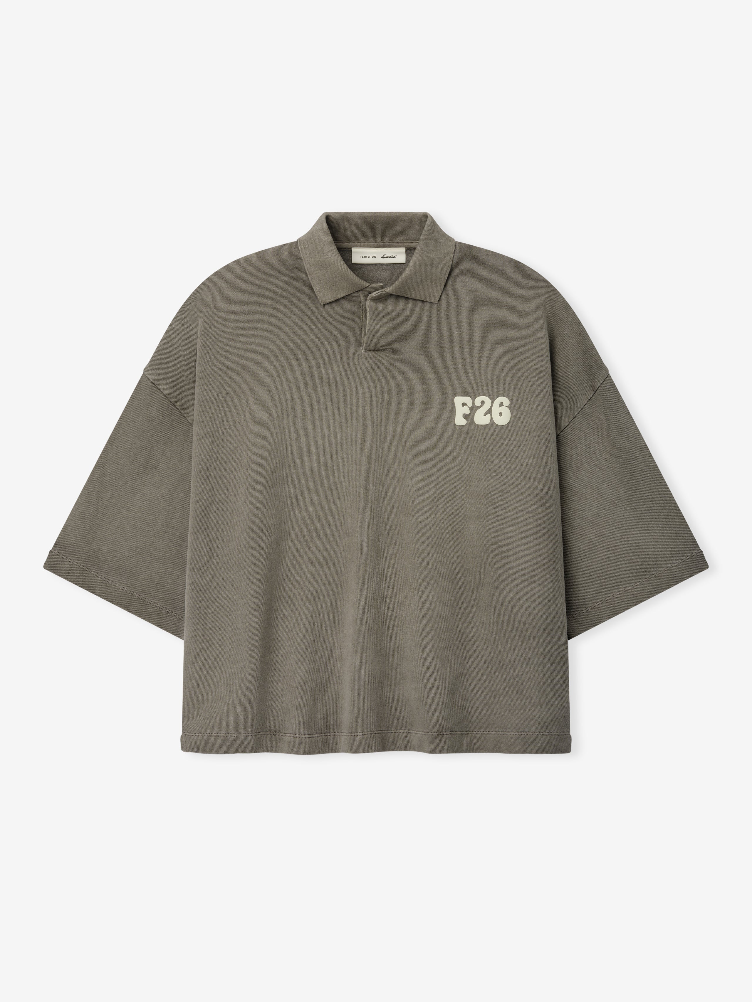 Heavy Jersey Cropped Polo in a muted washed seal tone, featuring an oversized fit, dropped shoulders, short wide sleeves, classic collar, and a distinctive F26 print on the chest.