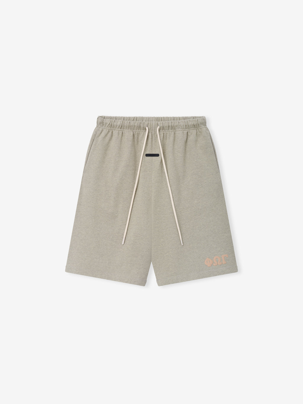 Heavy Jersey 90'S Sweatshort in a soft washed seal heather color, featuring an elastic waistband with long cream drawstrings, side pockets, and a subtle peach-toned logo near the hem on casual bottoms.