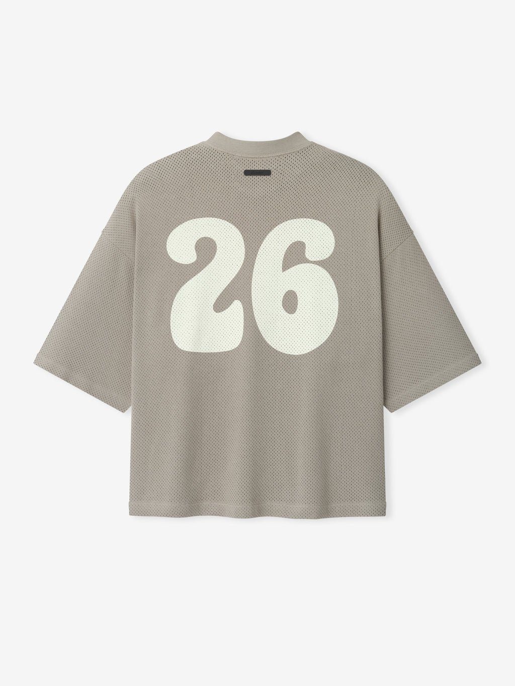 Sport Mesh Merch Tee in a light taupe mesh fabric with a boxy, oversized fit, featuring a large, smooth white number 26 printed on the back for a sporty, casual top.