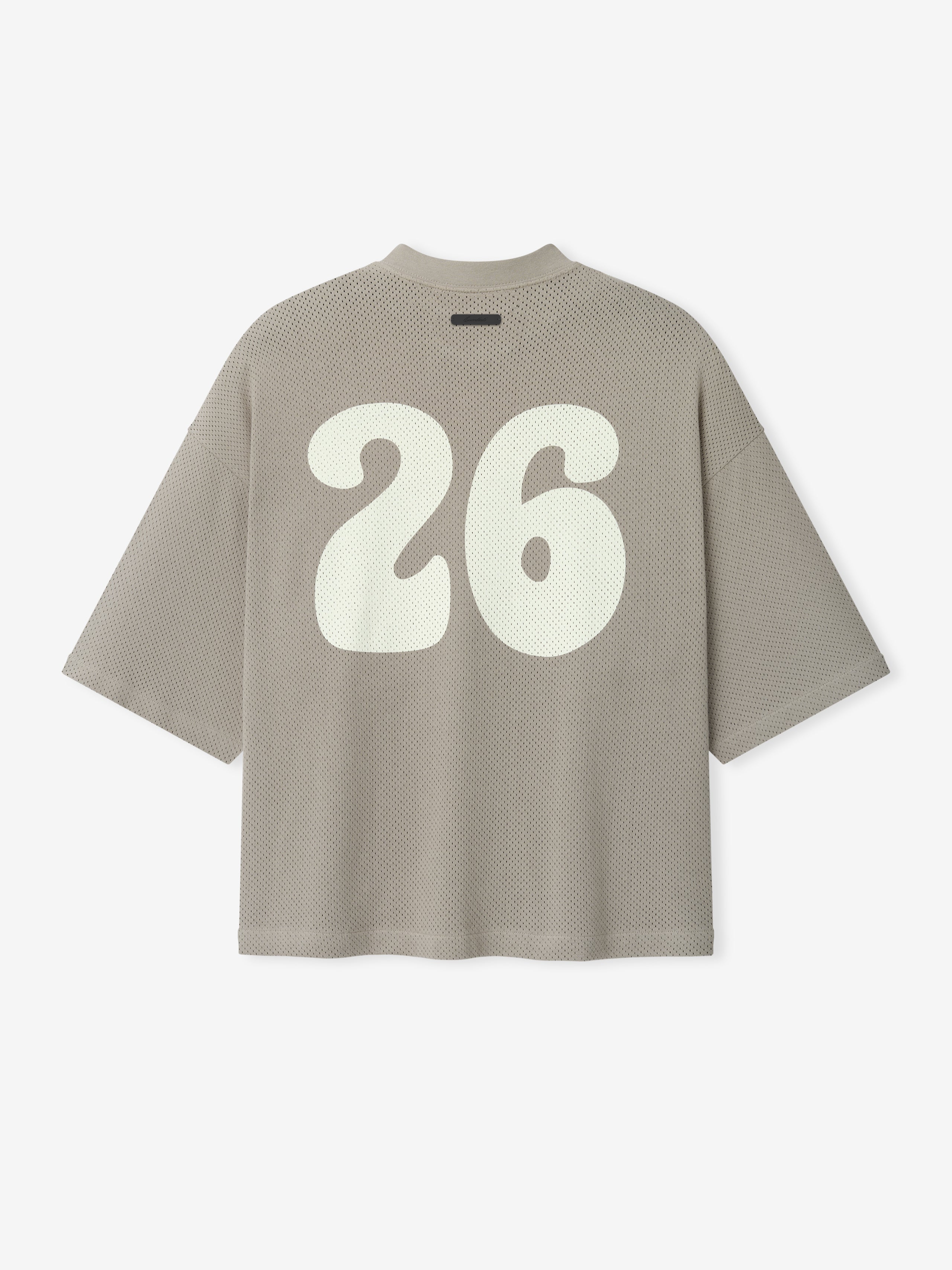Sport Mesh Merch Tee in a light taupe mesh fabric with a boxy, oversized fit, featuring a large, smooth white number 26 printed on the back for a sporty, casual top.