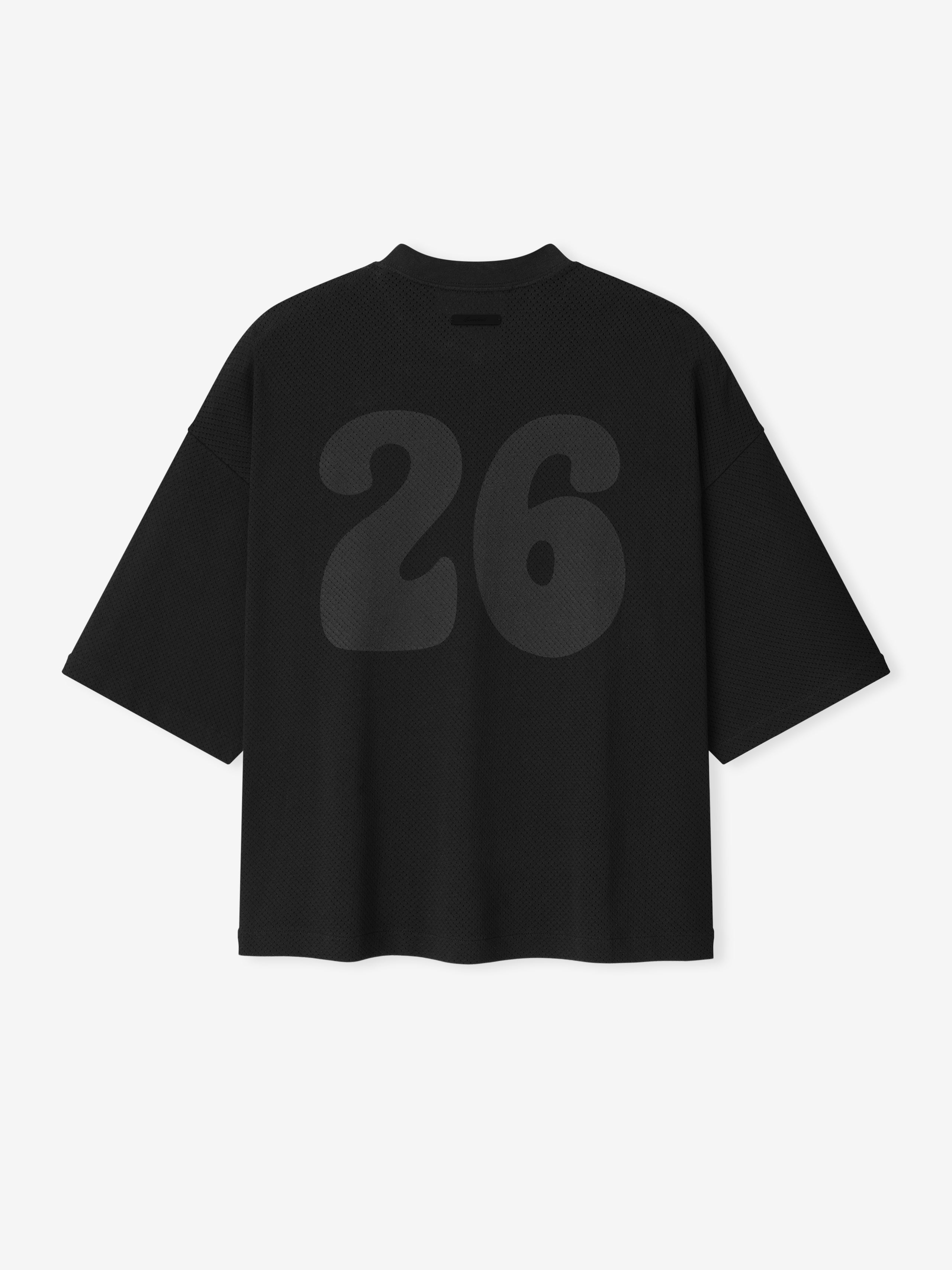 Sport Mesh Merch Tee in vintage black with a loose fit, featuring a large tonal number 26 printed on the breathable back mesh fabric for a modern, sporty style.