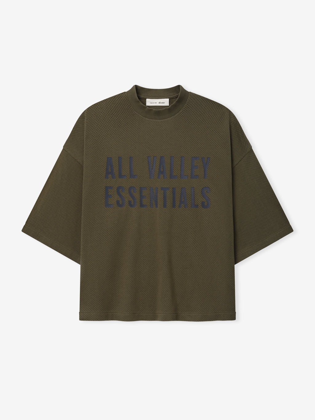Sport Mesh Merch Tee in olive green with breathable textured fabric, featuring bold navy "ALL VALLEY ESSENTIALS" text across the front for a relaxed, casual sporty fit.