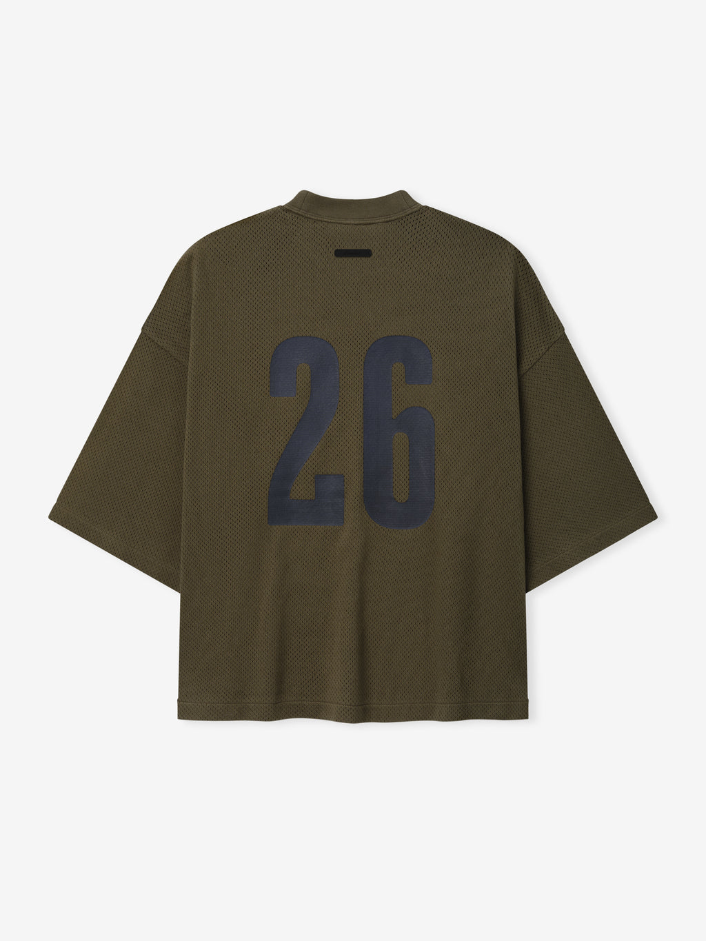 Sport Mesh Merch Tee in moss green featuring breathable mesh fabric with an oversized relaxed fit and a bold black number 26 printed on the back for a sporty look.