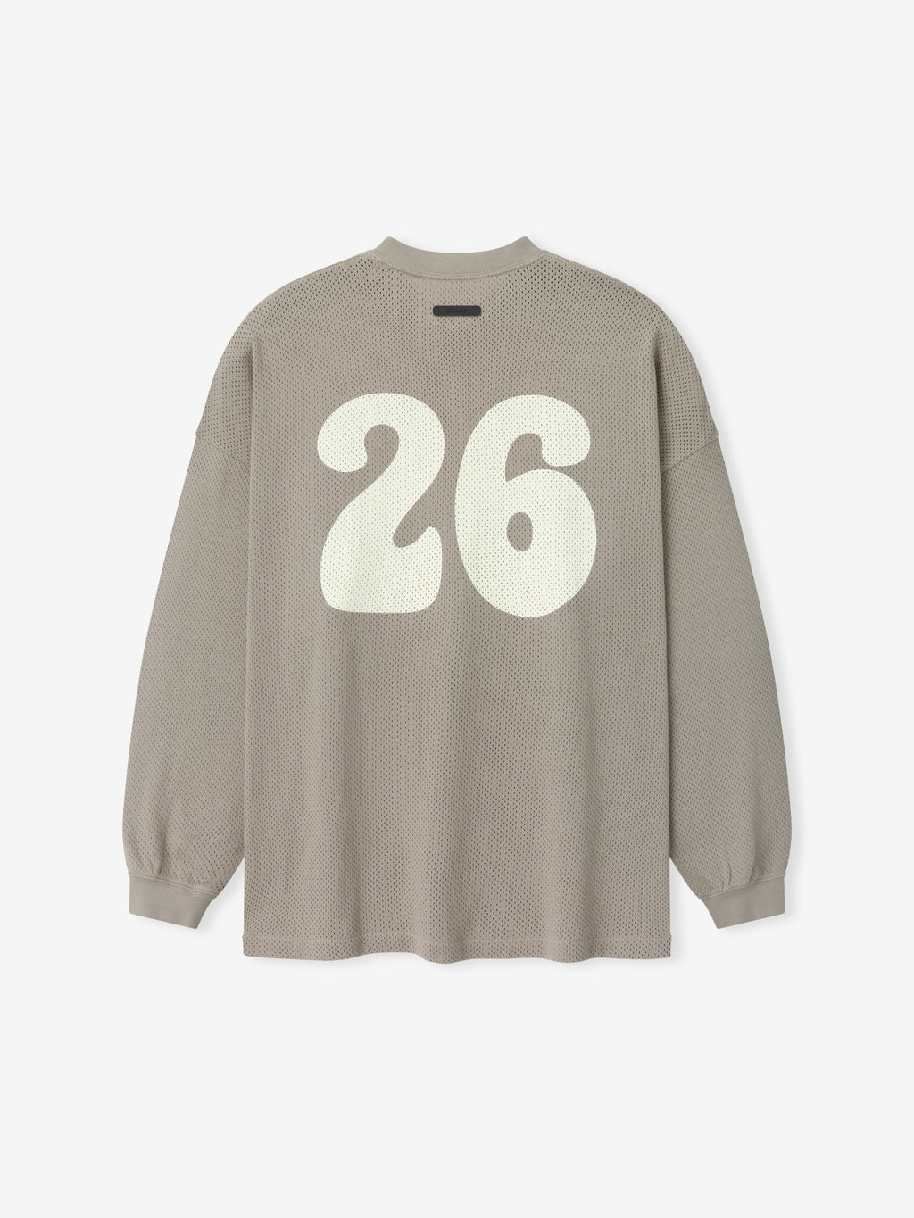 Sport Mesh Merch Long Sleeve Tee in a muted taupe shade featuring a breathable mesh fabric and bold, oversized cream number 26 printed on the back for a sporty casual top.