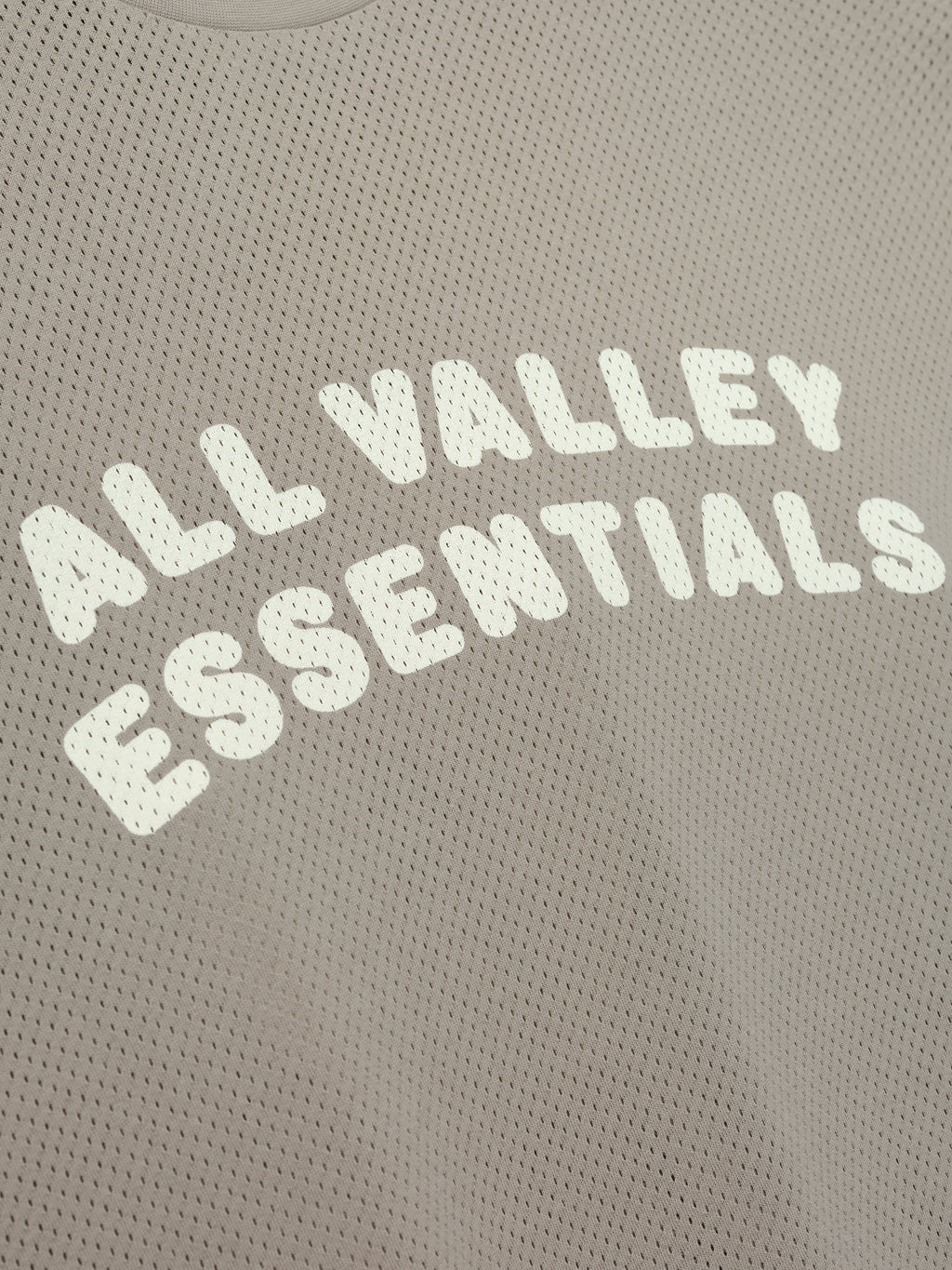 Sport Mesh Merch Long Sleeve Tee in a muted taupe tone featuring breathable mesh fabric with "ALL VALLEY ESSENTIALS" printed in bold cream letters for a sporty top.