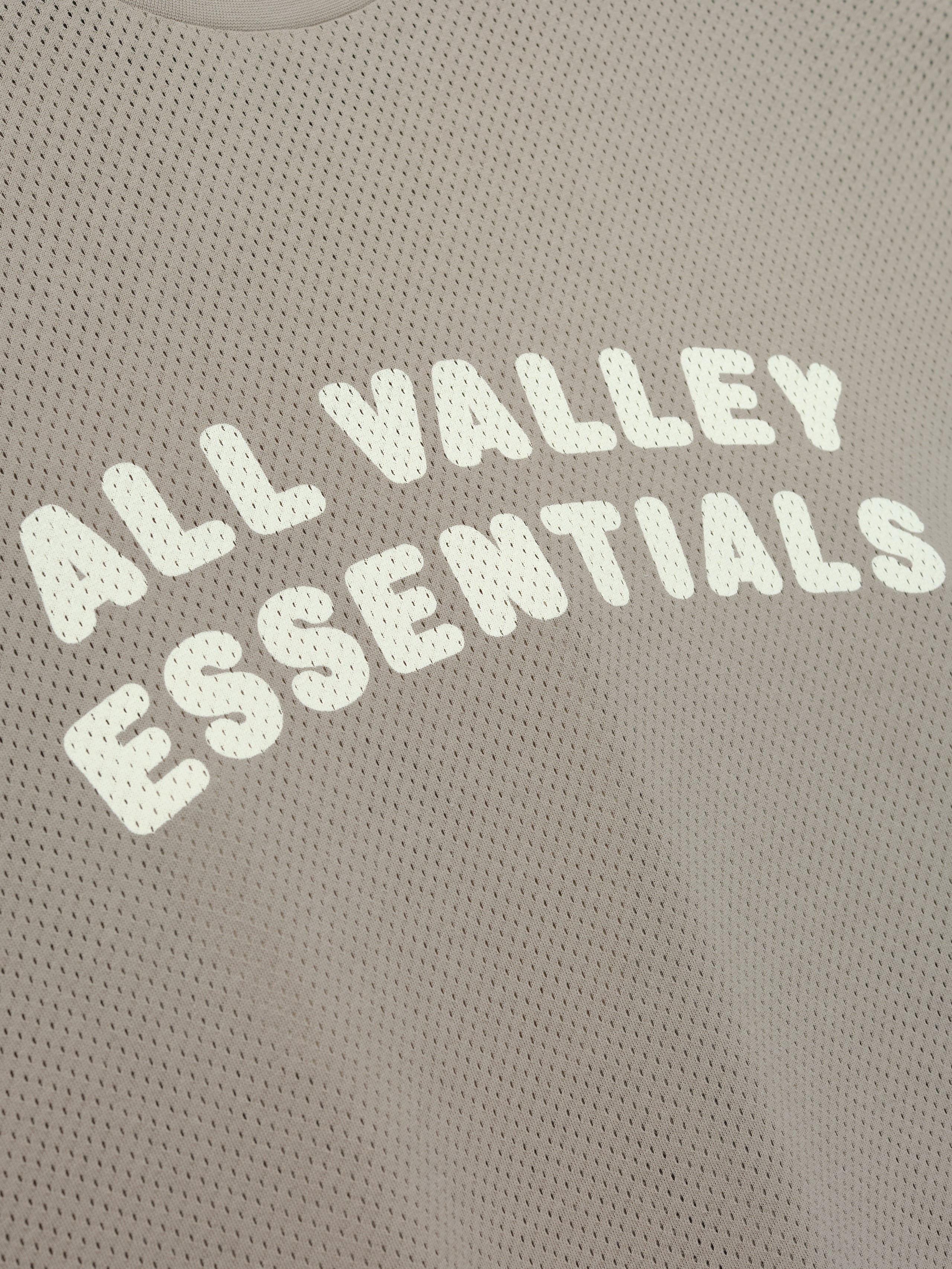Sport Mesh Merch Long Sleeve Tee in a muted taupe tone featuring breathable mesh fabric with "ALL VALLEY ESSENTIALS" printed in bold cream letters for a sporty top.