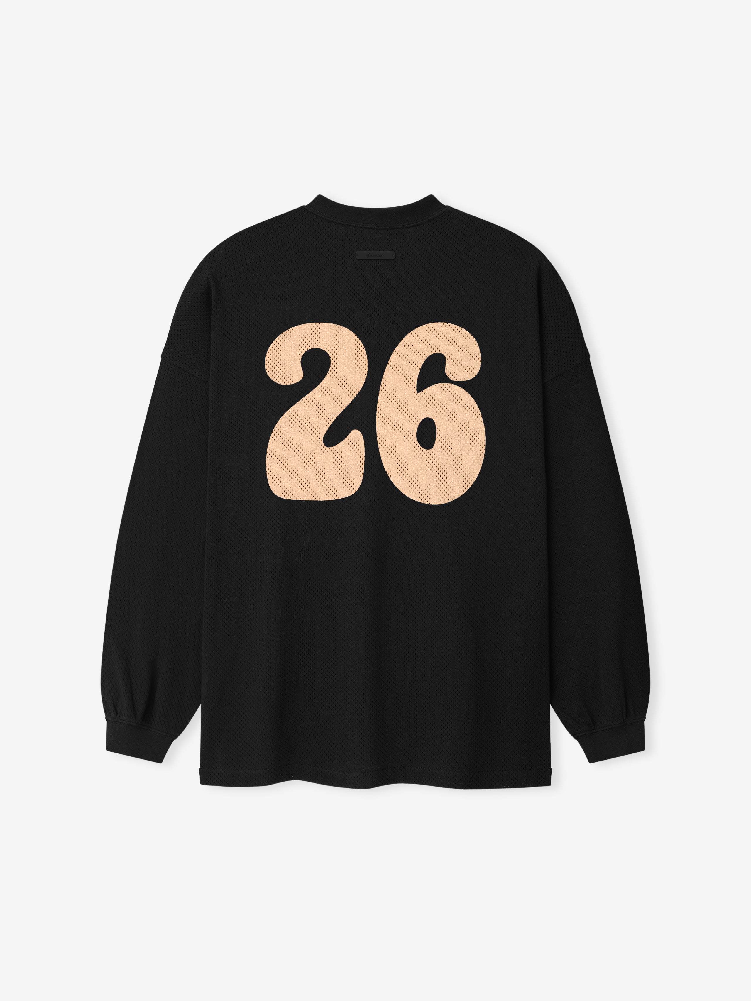 Sport Mesh Merch Long Sleeve Tee in a vintage black shade featuring a soft beige oversized number 26 printed on the back for a relaxed, sporty top.