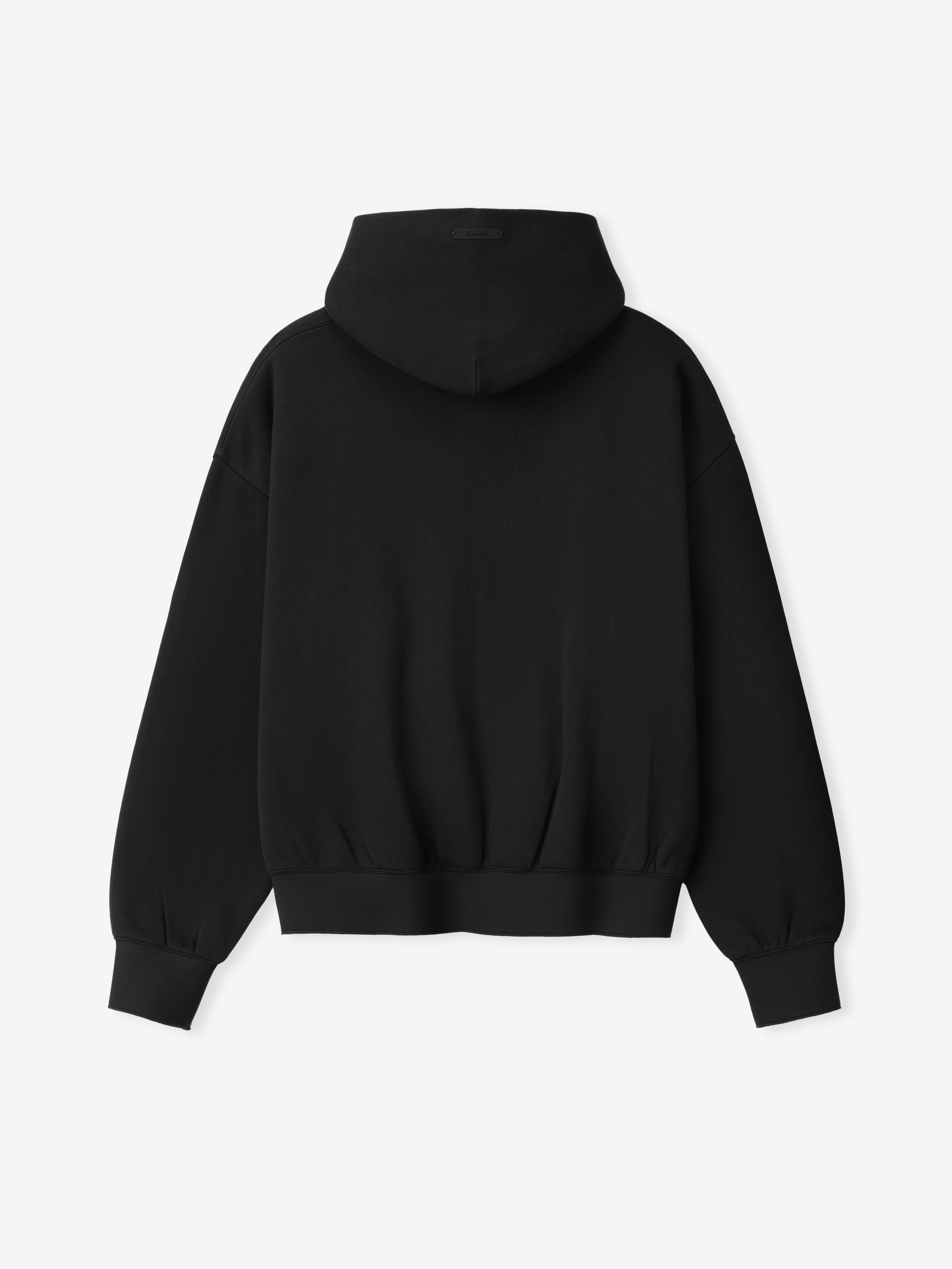 90s Hoodie in solid black showcasing a minimalist rear view with a relaxed fit, drop shoulders, long sleeves, ribbed cuffs, waistband, and a cozy attached hood.