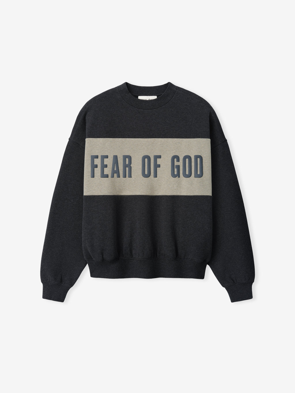 Cropped Relaxed Panelled Sweatshirt in dark iron grey with a contrasting muted taupe panel across the chest featuring bold Fear of God lettering, designed for casual streetwear layering.