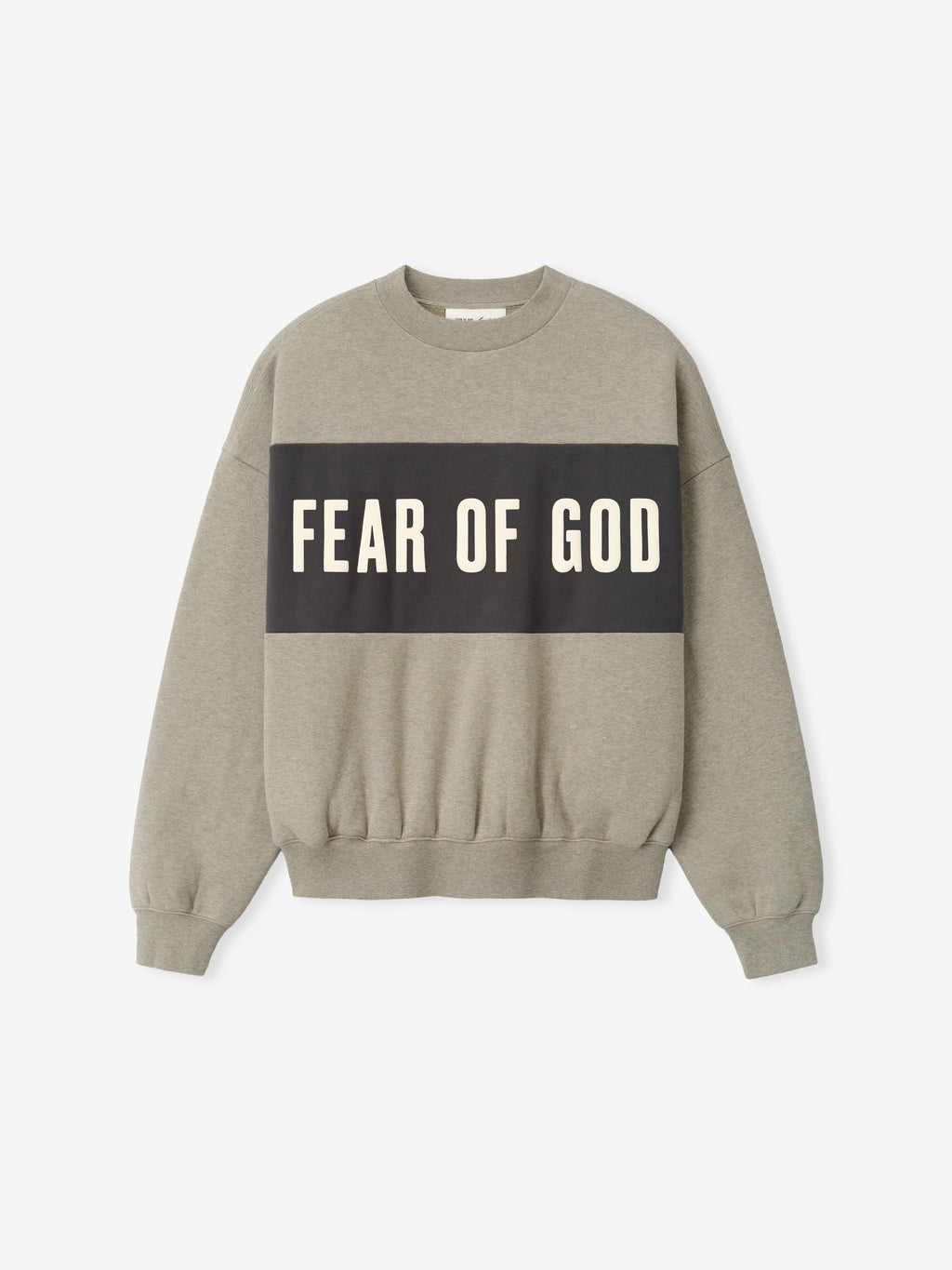 Cropped Relaxed Panelled Sweatshirt with a muted taupe base and a wide dark grey horizontal panel across the chest showcasing bold cream Fear of God lettering, featuring ribbed cuffs and hem for a relaxed fit.
