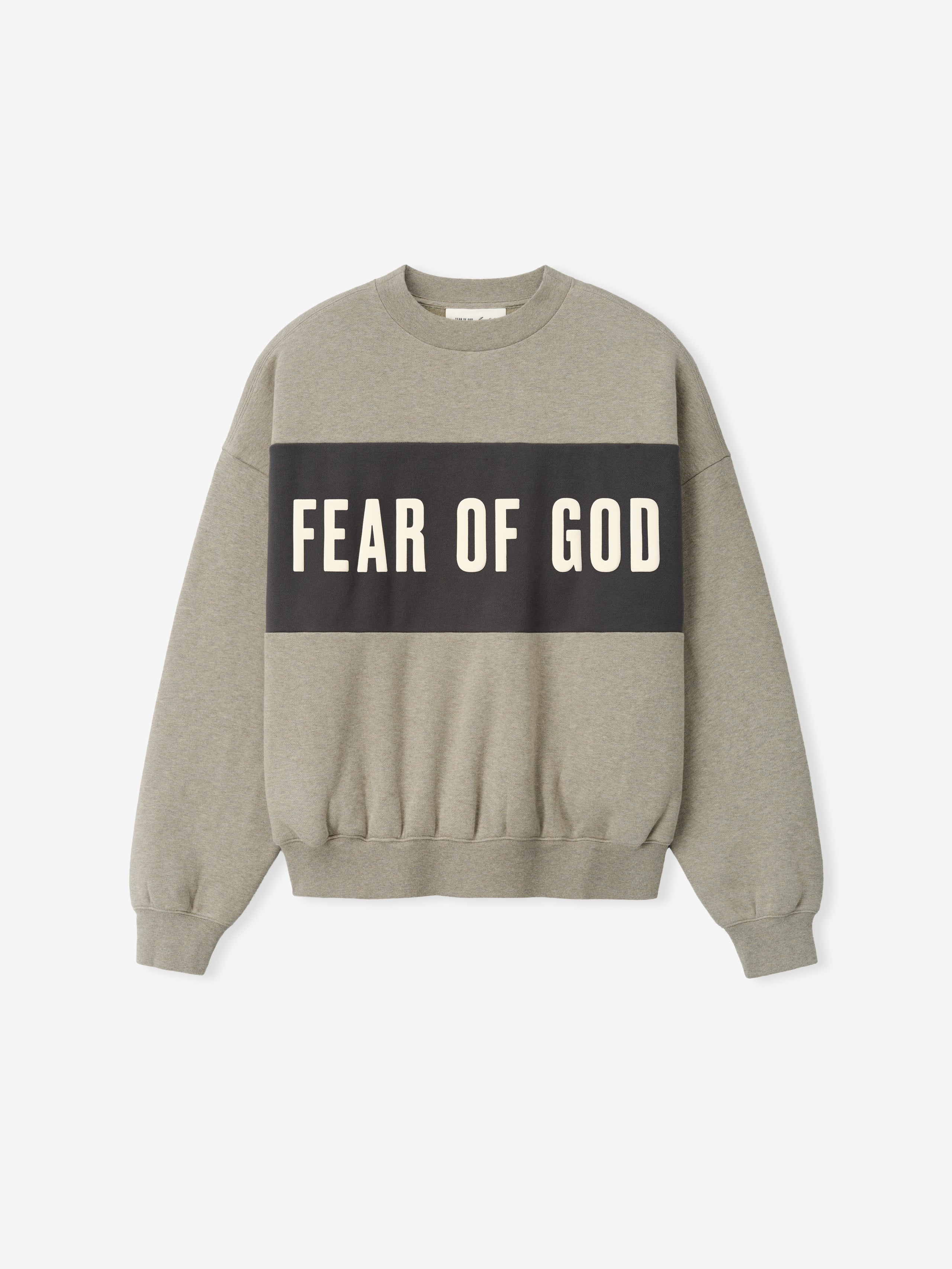 Cropped Relaxed Panelled Sweatshirt with a muted taupe base and a wide dark grey horizontal panel across the chest showcasing bold cream Fear of God lettering, featuring ribbed cuffs and hem for a relaxed fit.