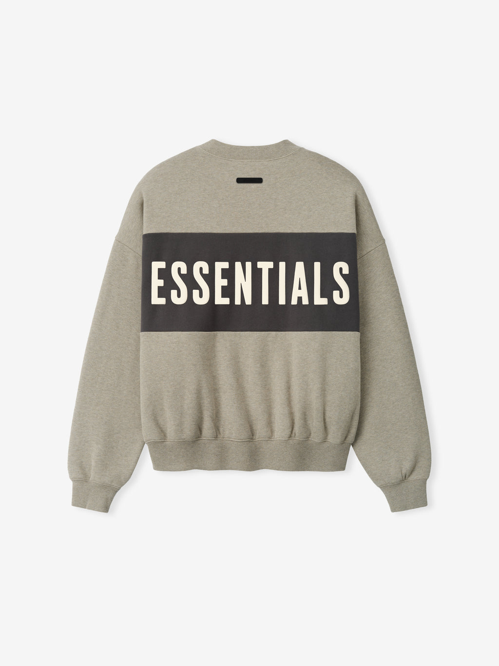 Cropped Relaxed Panelled Sweatshirt in muted taupe with a wide dark grey horizontal panel across the back featuring bold cream ESSENTIALS lettering, designed with ribbed cuffs and hem for a laid-back fit.
