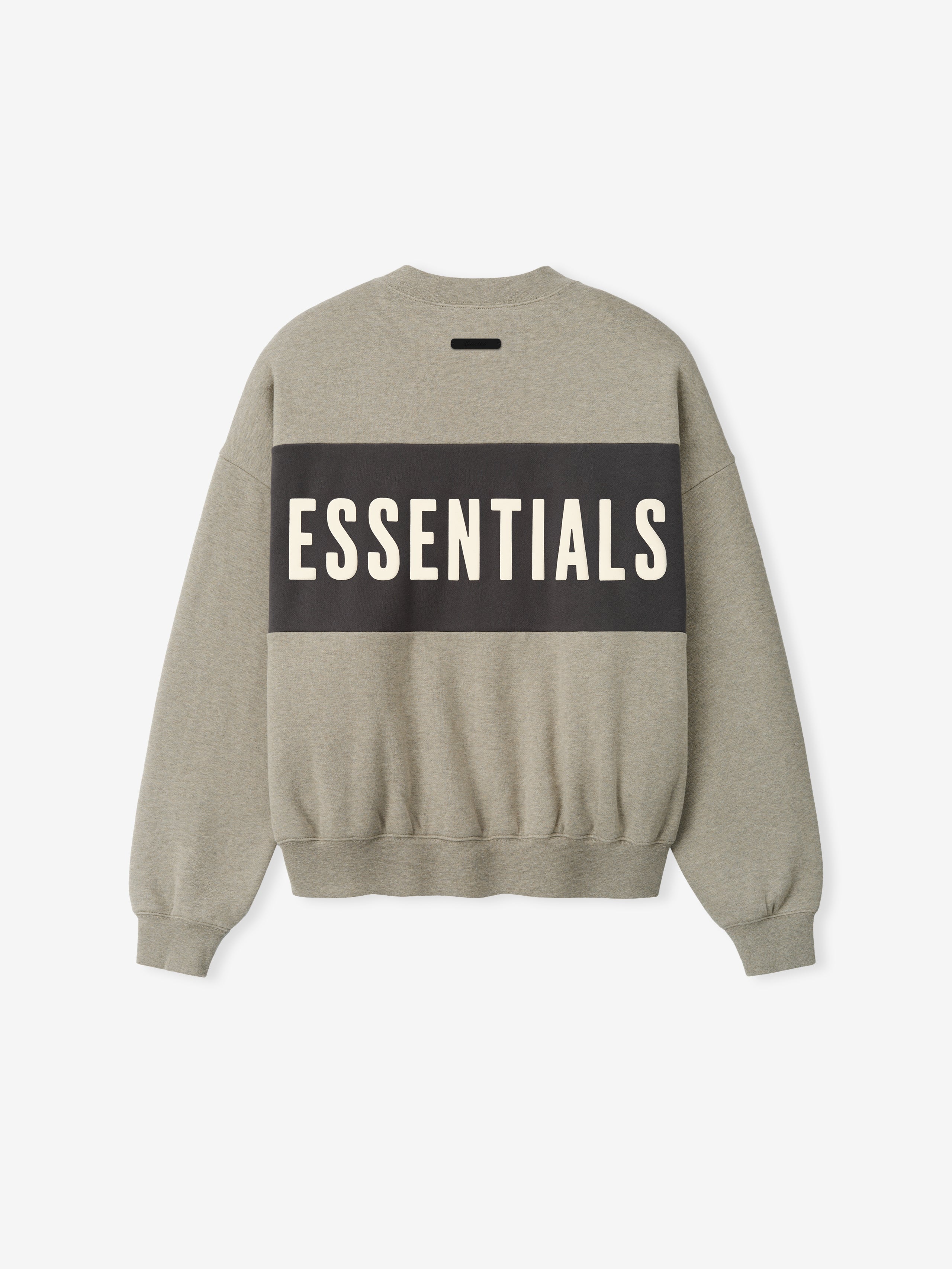 Cropped Relaxed Panelled Sweatshirt in muted taupe with a wide dark grey horizontal panel across the back featuring bold cream ESSENTIALS lettering, designed with ribbed cuffs and hem for a laid-back fit.