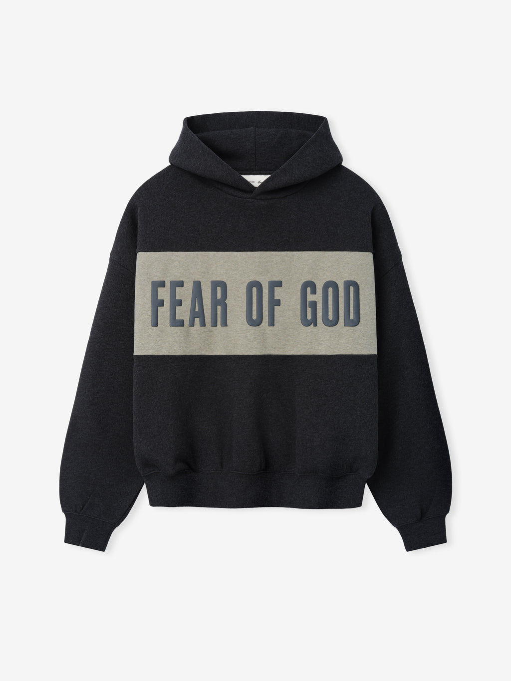 Cropped Relaxed Panelled Hoodie in dark grey with a wide light grey panel across the chest featuring bold "Fear of God" lettering, designed with a relaxed fit and ribbed cuffs.