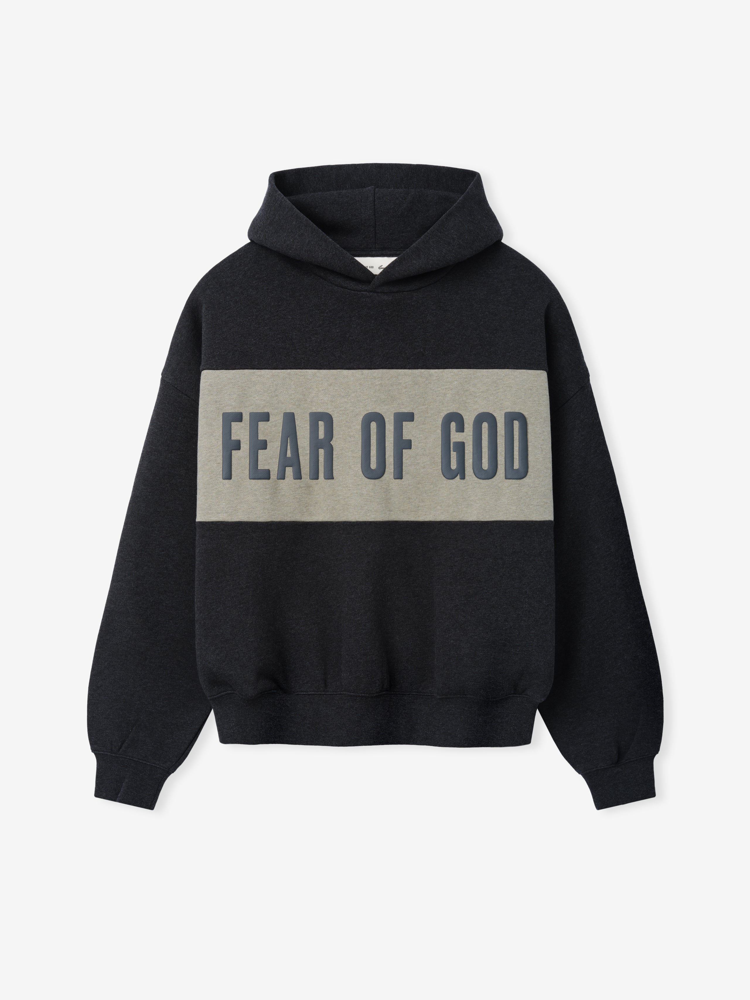 Cropped Relaxed Panelled Hoodie in dark grey with a wide light grey panel across the chest featuring bold "Fear of God" lettering, designed with a relaxed fit and ribbed cuffs.