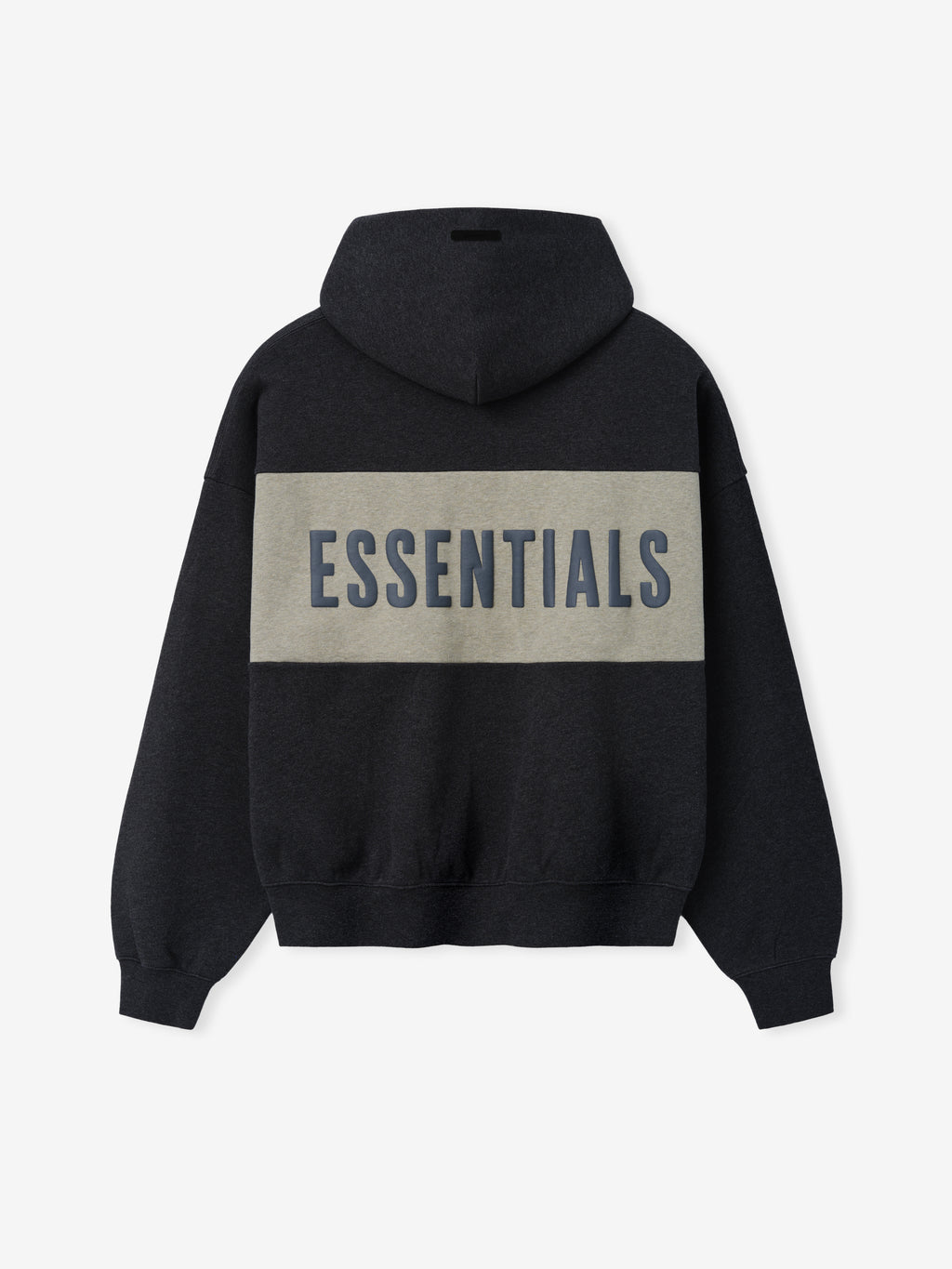 Cropped Relaxed Panelled Hoodie in dark iron grey with a wide pale grey horizontal panel across the back featuring bold ESSENTIALS lettering, designed with a roomy fit and ribbed cuffs.