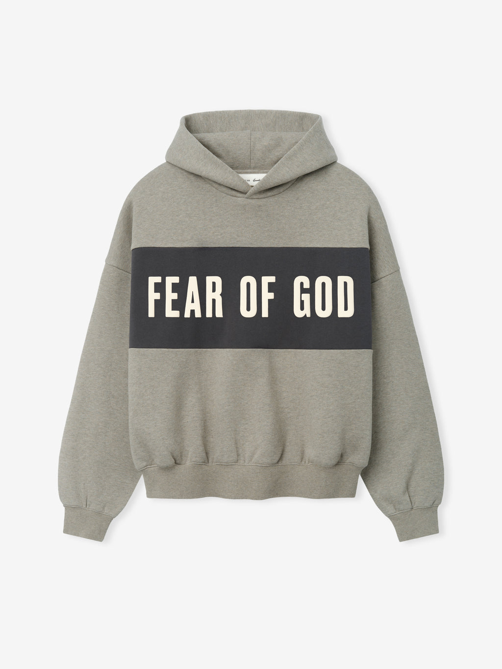 Cropped Relaxed Panelled Hoodie in a muted grey shade with a bold black horizontal panel across the chest displaying "Fear of God" in contrasting white letters, featuring a relaxed fit and ribbed cuffs.